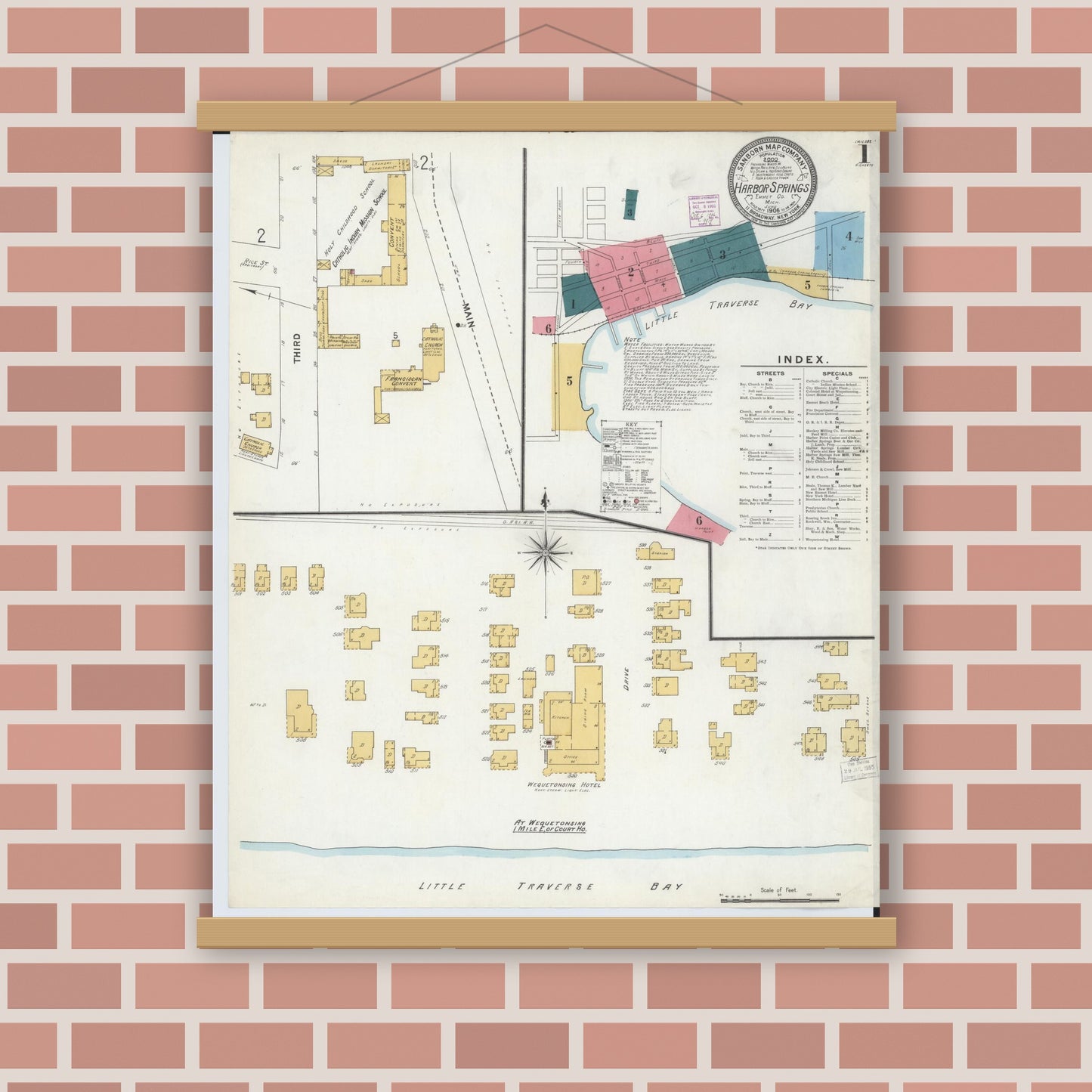 Old map wall art mockup — magnetic wood frame on brick wall — Sanborn Fire Insurance Map from Harbor Springs, Emmet County, Michigan (1906), Sheet #0001
