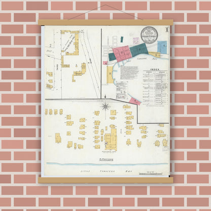 Old map wall art mockup — magnetic wood frame on brick wall — Sanborn Fire Insurance Map from Harbor Springs, Emmet County, Michigan (1906), Sheet #0001