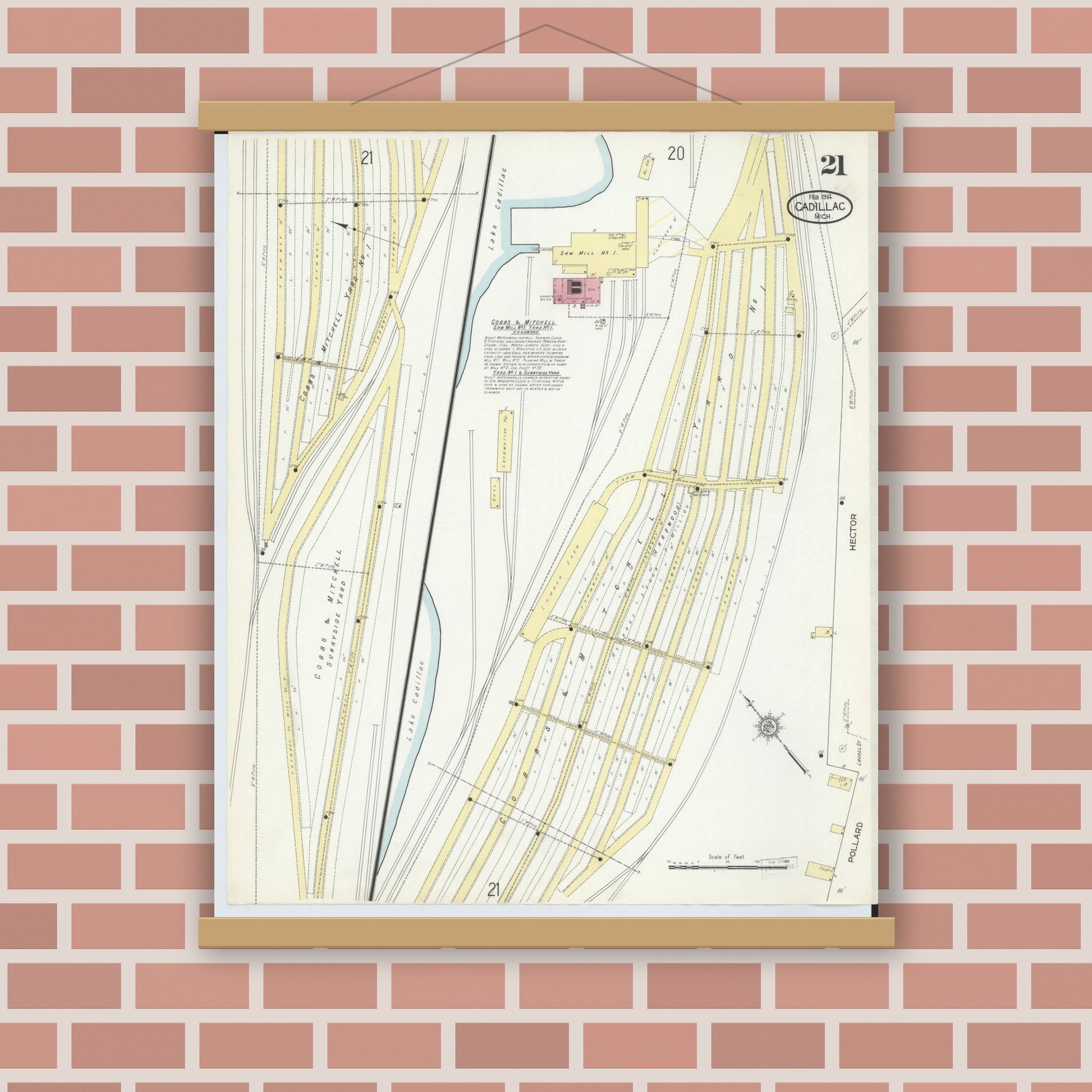 Old map wall art mockup — magnetic wood frame on brick wall — Sanborn Fire Insurance Map from Cadillac, Wexford County, Michigan (1914), Sheet #0021