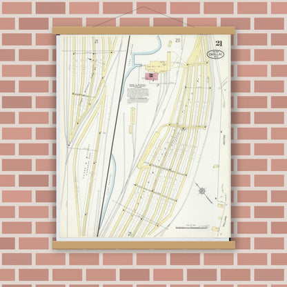 Old map wall art mockup — magnetic wood frame on brick wall — Sanborn Fire Insurance Map from Cadillac, Wexford County, Michigan (1914), Sheet #0021
