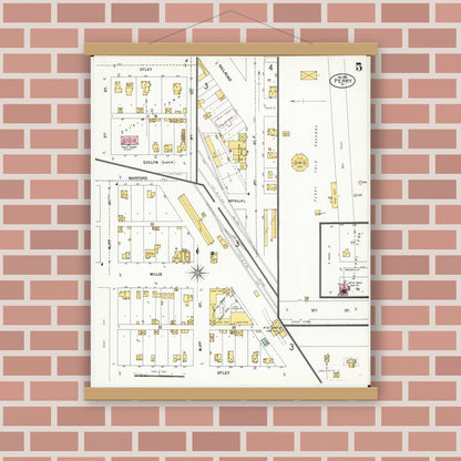 Old map wall art mockup — magnetic wood frame on brick wall — Sanborn Fire Insurance Map from Perry, Dallas County, Iowa (1900), Sheet #0005