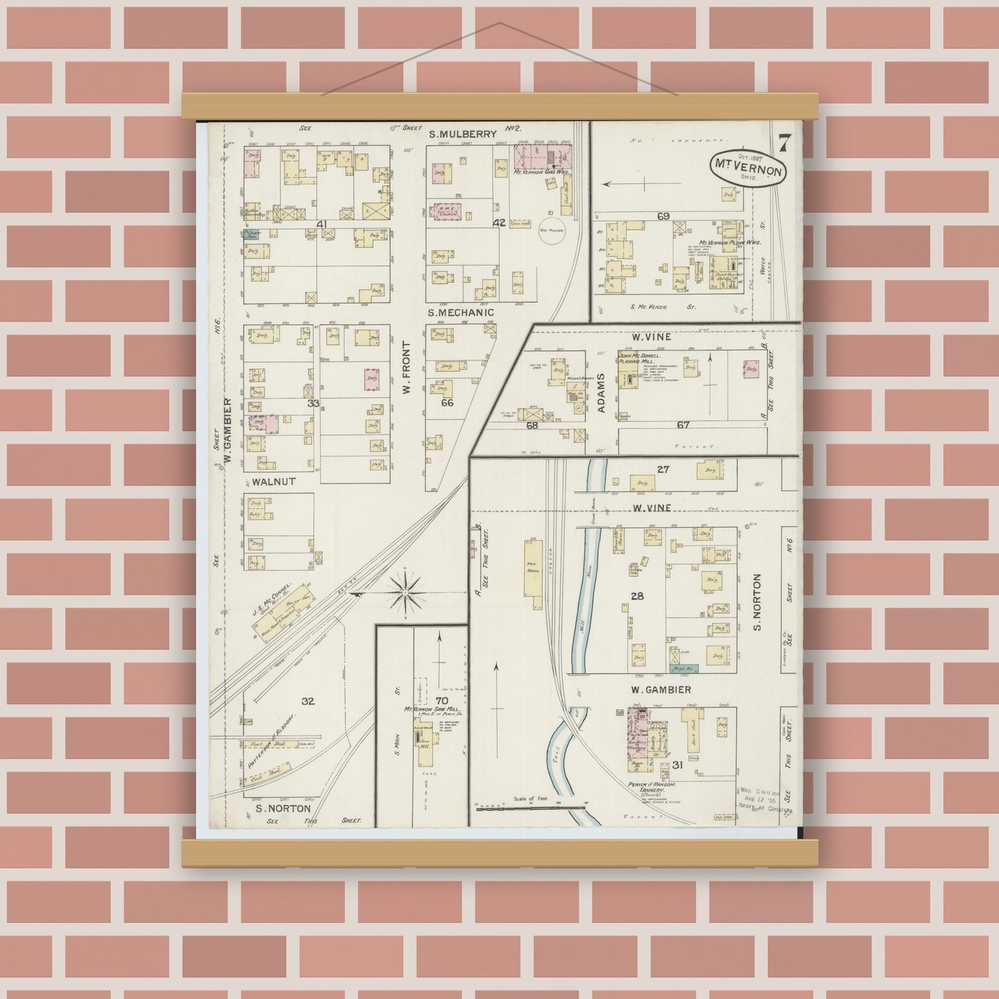 Old map wall art mockup — magnetic wood frame on brick wall — Sanborn Fire Insurance Map from Mount Vernon, Knox County, Ohio (1887), Sheet #0007