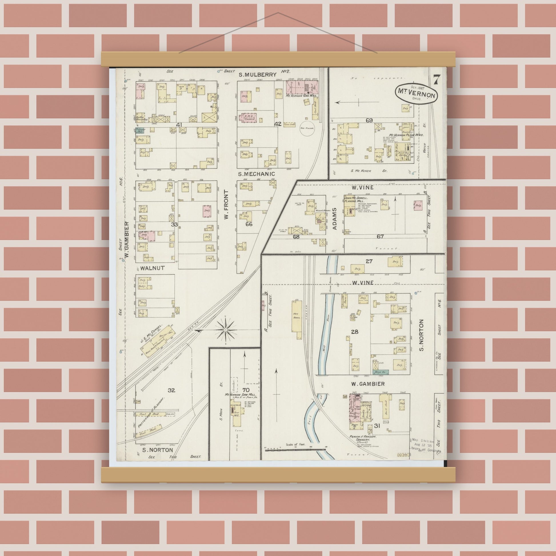 Old map wall art mockup — magnetic wood frame on brick wall — Sanborn Fire Insurance Map from Mount Vernon, Knox County, Ohio (1887), Sheet #0007
