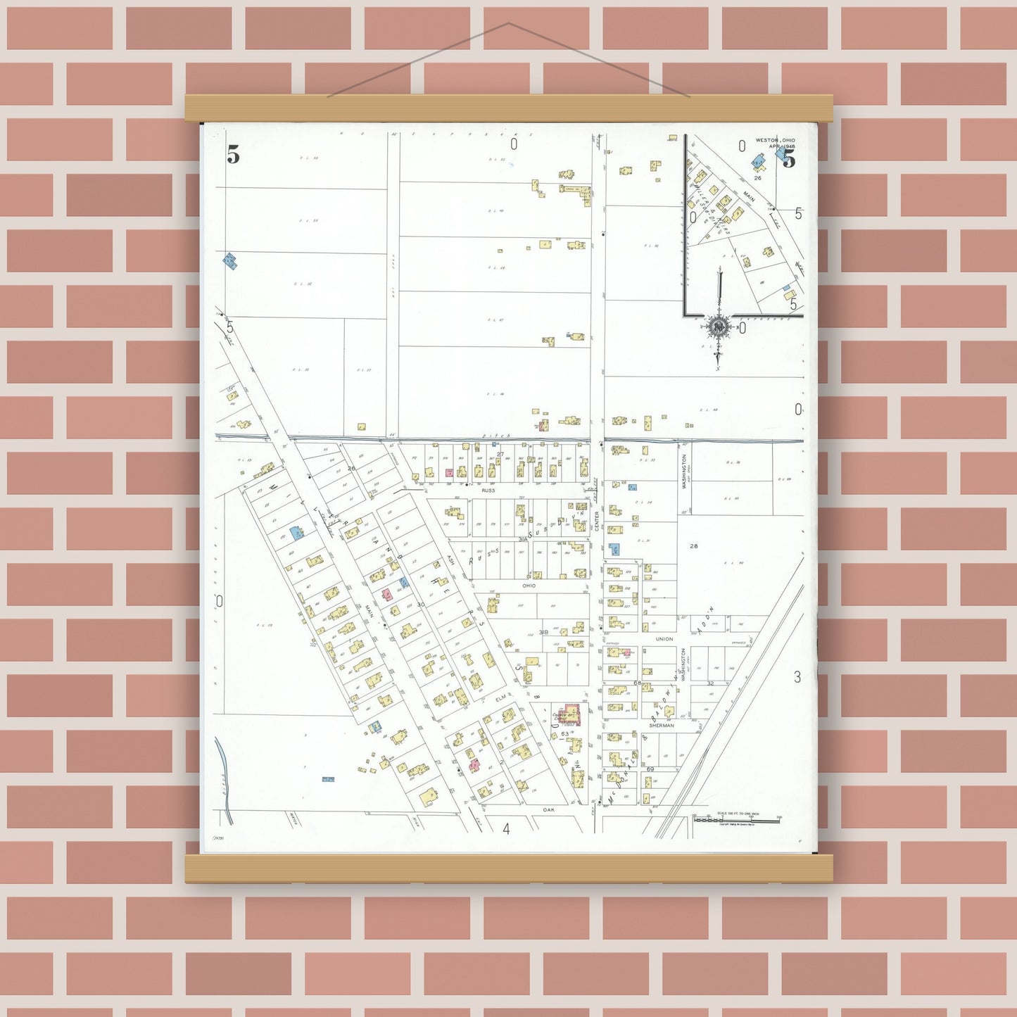 Old map wall art mockup — magnetic wood frame on brick wall — Sanborn Fire Insurance Map from Weston, Wood County, Ohio (1948), Sheet #0005