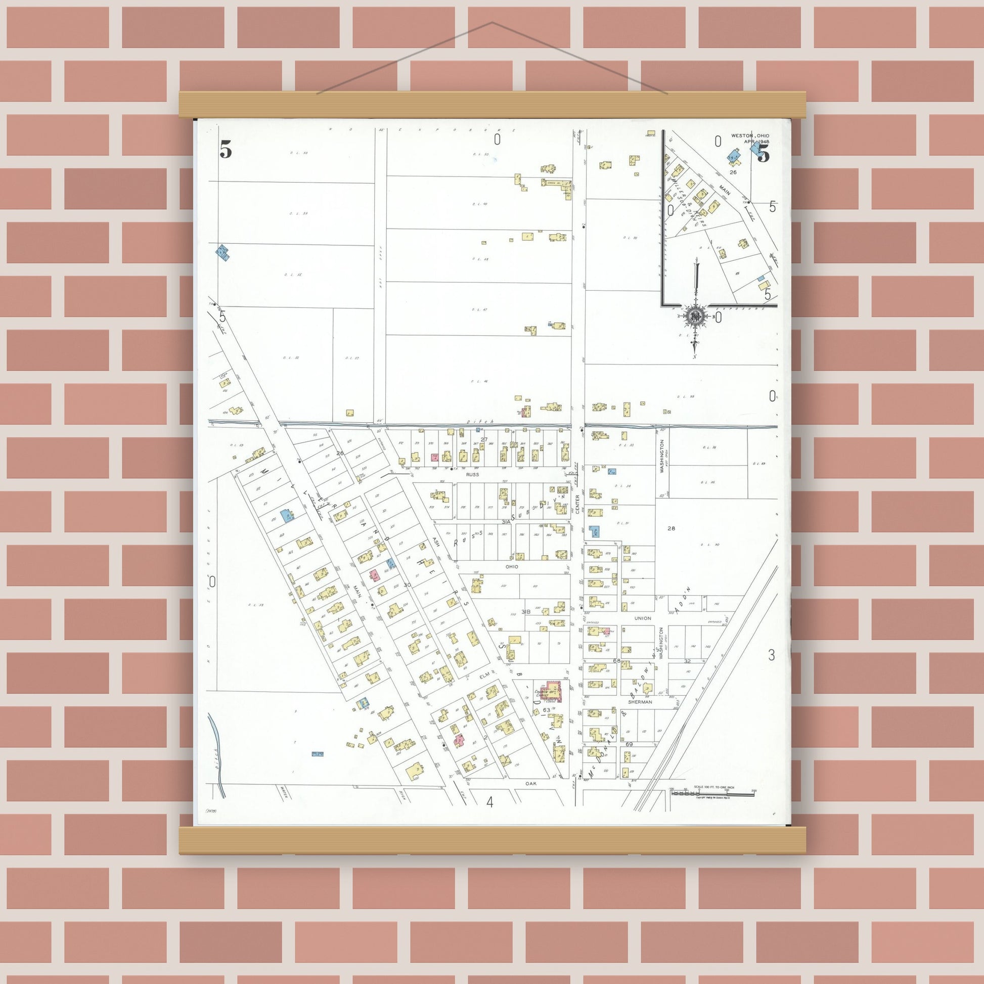 Old map wall art mockup — magnetic wood frame on brick wall — Sanborn Fire Insurance Map from Weston, Wood County, Ohio (1948), Sheet #0005