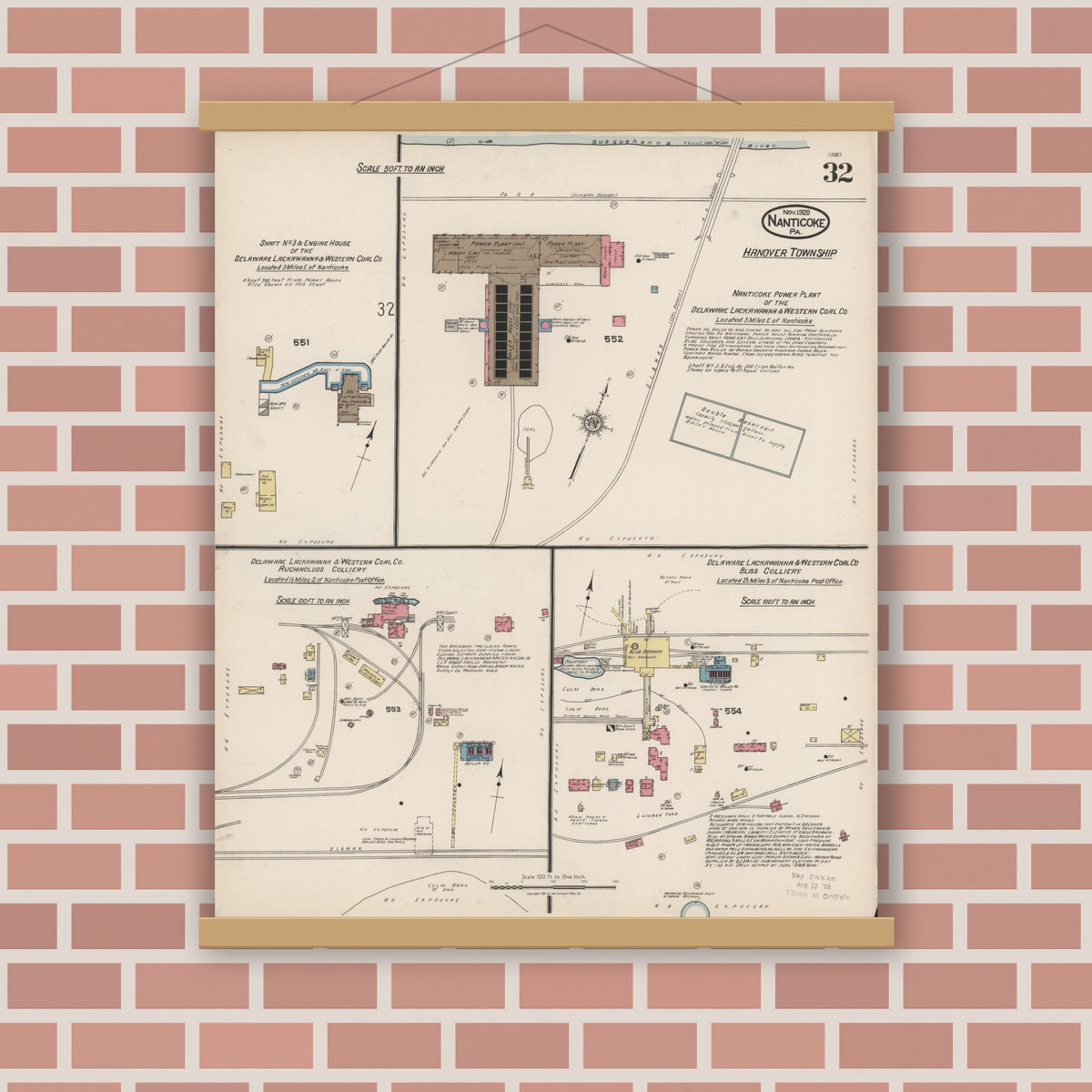 Old map wall art mockup — magnetic wood frame on brick wall — Sanborn Fire Insurance Map from Nanticoke, Luzerne County, Pennsylvania (1920), Sheet #0032