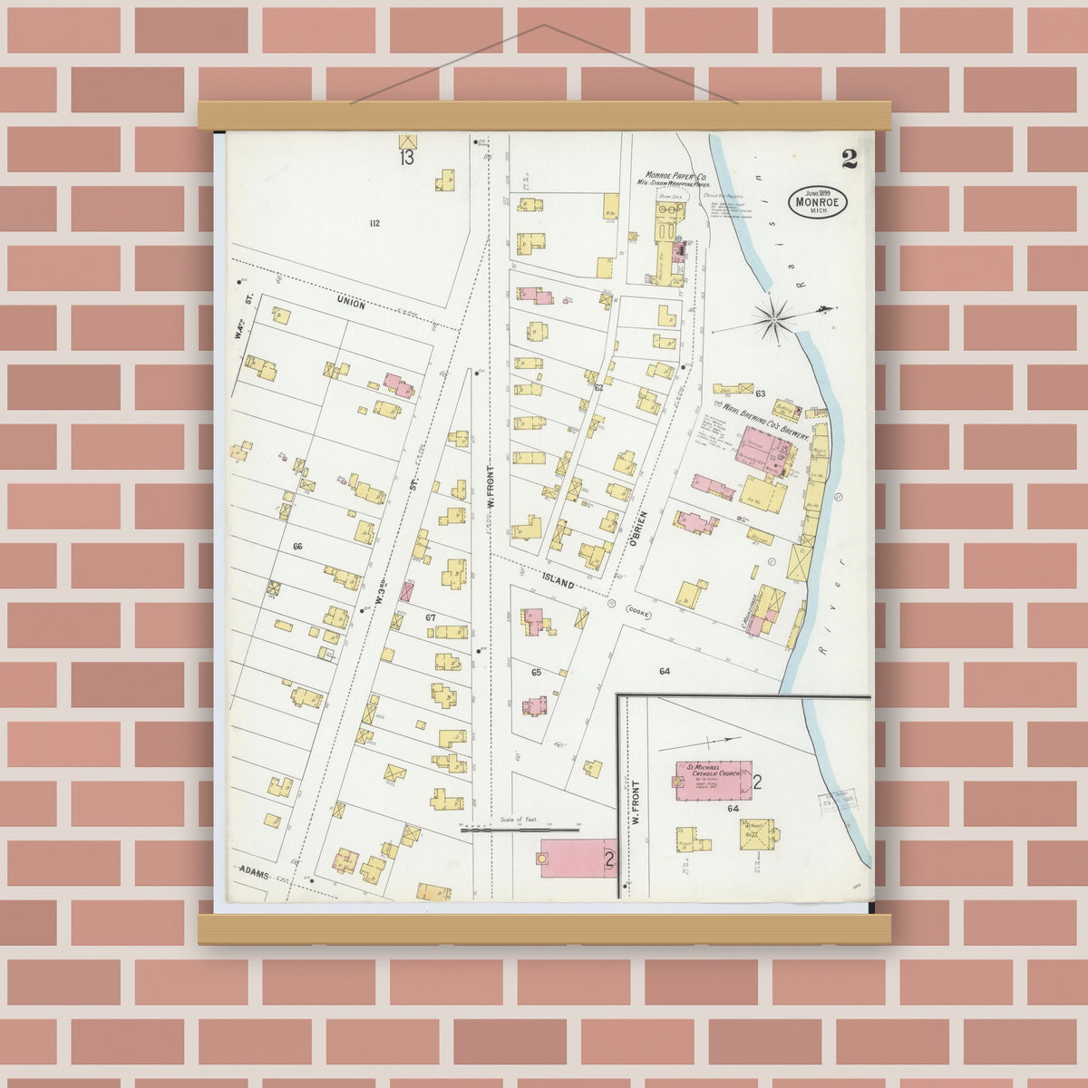 Old map wall art mockup — magnetic wood frame on brick wall — Sanborn Fire Insurance Map from Monroe, Monroe County, Michigan (1899), Sheet #0002