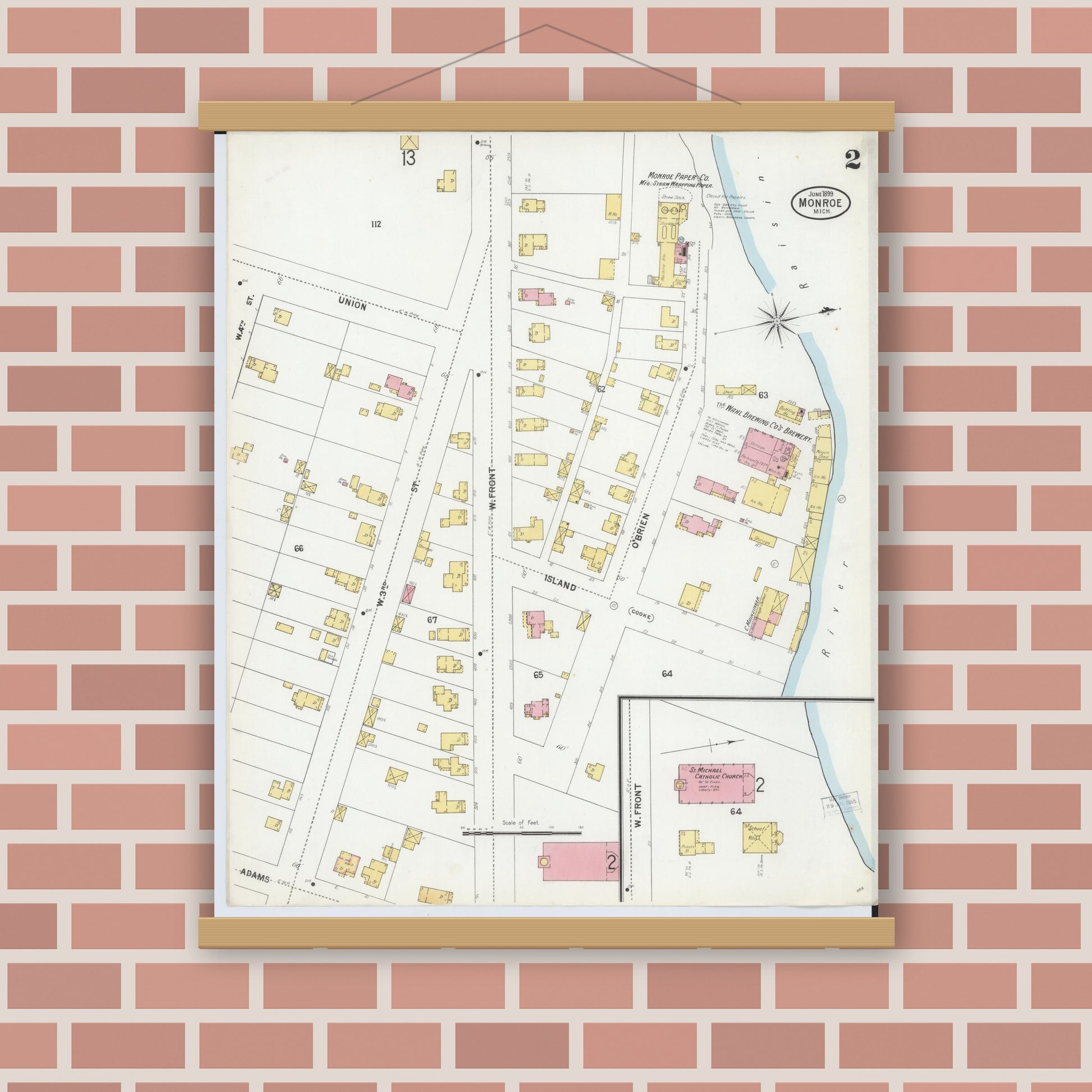Old map wall art mockup — magnetic wood frame on brick wall — Sanborn Fire Insurance Map from Monroe, Monroe County, Michigan (1899), Sheet #0002