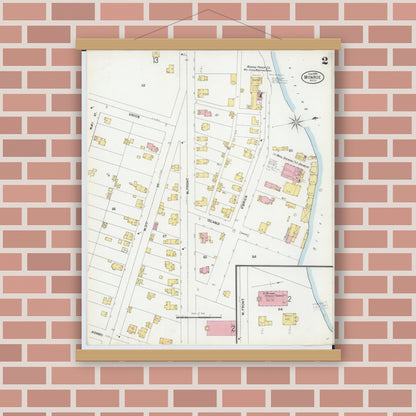 Old map wall art mockup — magnetic wood frame on brick wall — Sanborn Fire Insurance Map from Monroe, Monroe County, Michigan (1899), Sheet #0002