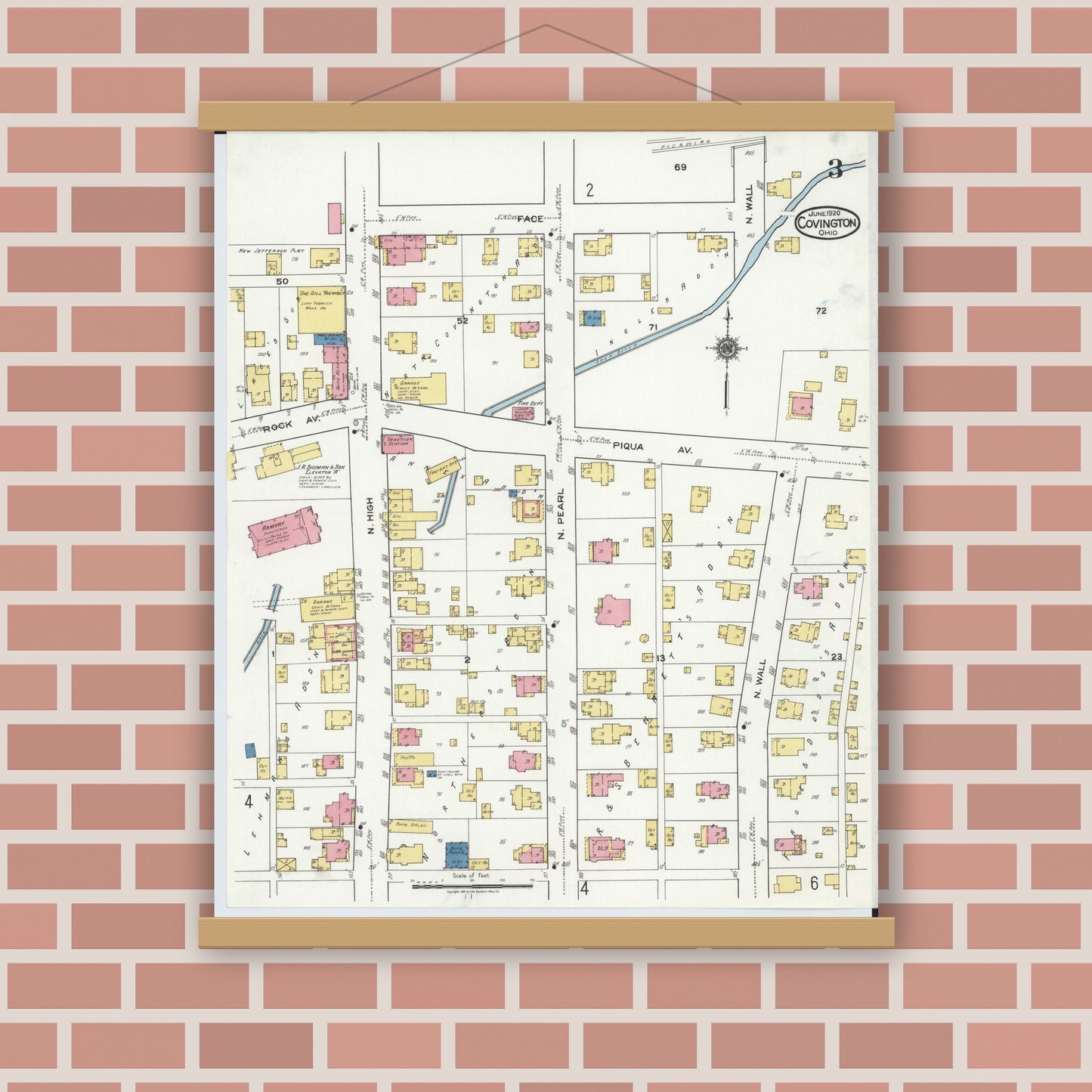 Old map wall art mockup — magnetic wood frame on brick wall — Sanborn Fire Insurance Map from Covington, Miami County, Ohio (1920), Sheet #0003