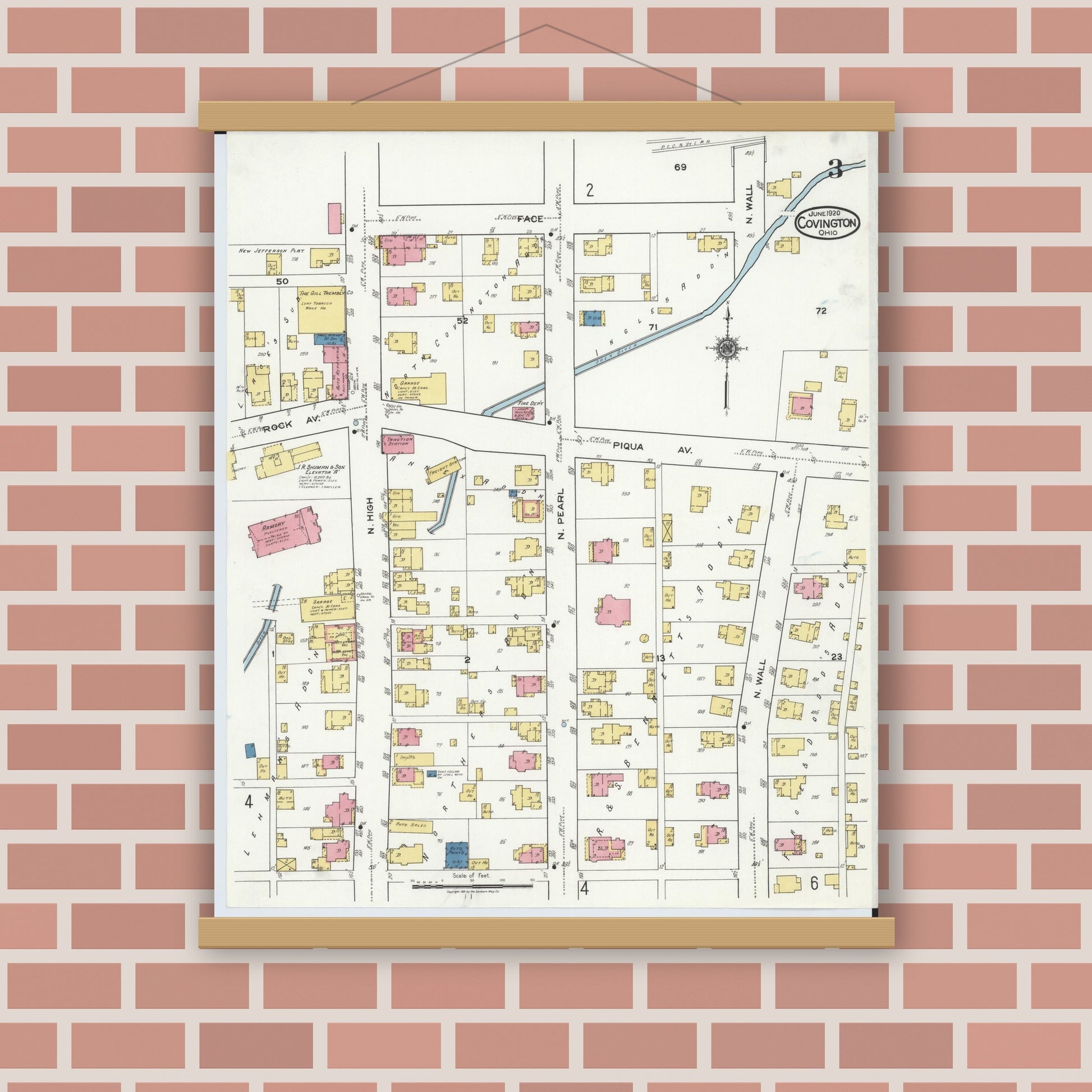 Old map wall art mockup — magnetic wood frame on brick wall — Sanborn Fire Insurance Map from Covington, Miami County, Ohio (1920), Sheet #0003