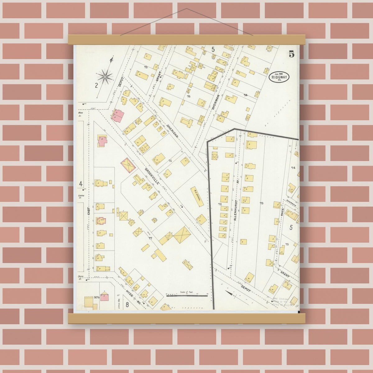 Old map wall art mockup — magnetic wood frame on brick wall — Sanborn Fire Insurance Map from Ridgway, Elk County, Pennsylvania (1904), Sheet #0005