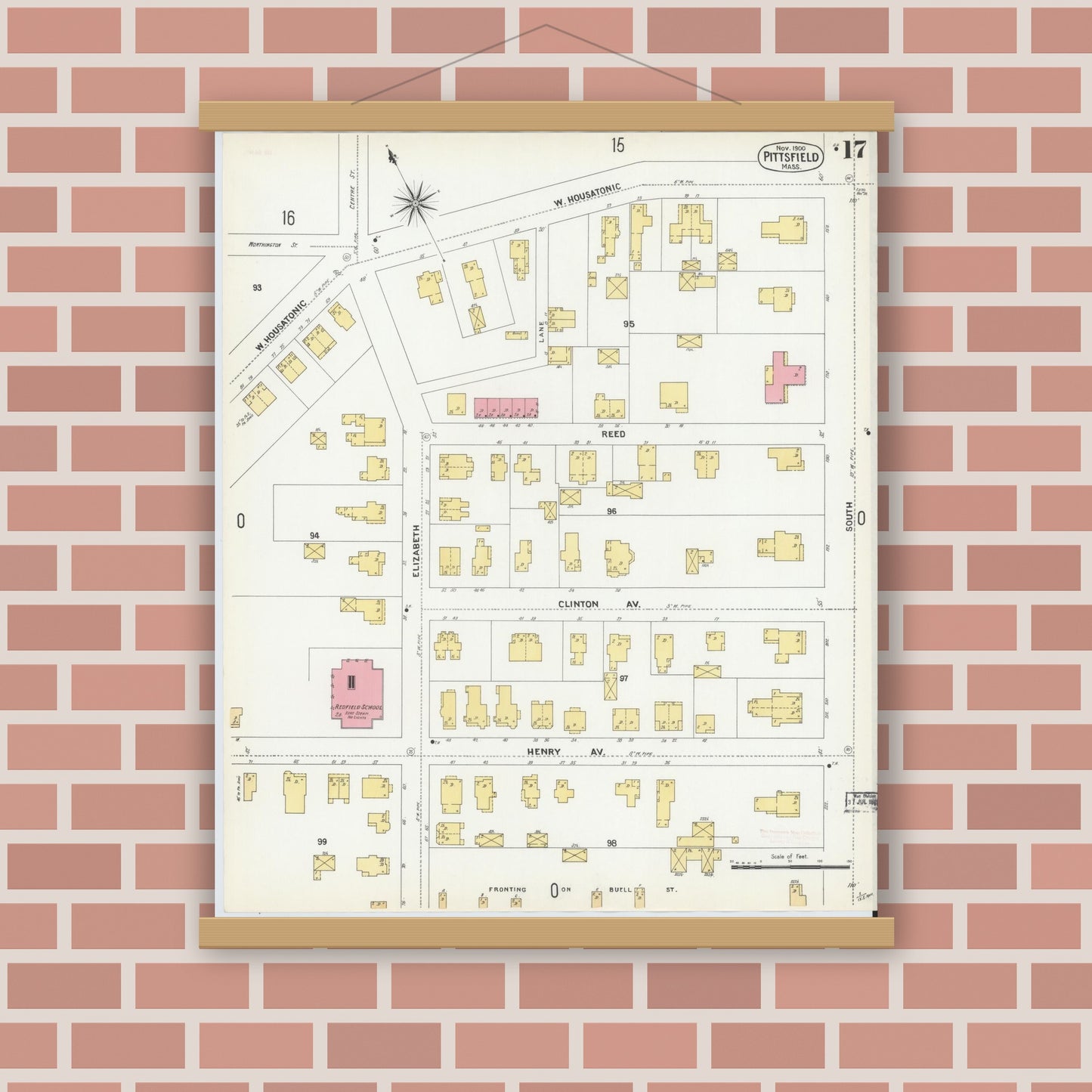 Old map wall art mockup — magnetic wood frame on brick wall — Sanborn Fire Insurance Map from Pittsfield, Berkshire County, Massachusetts (1900), Sheet #0017