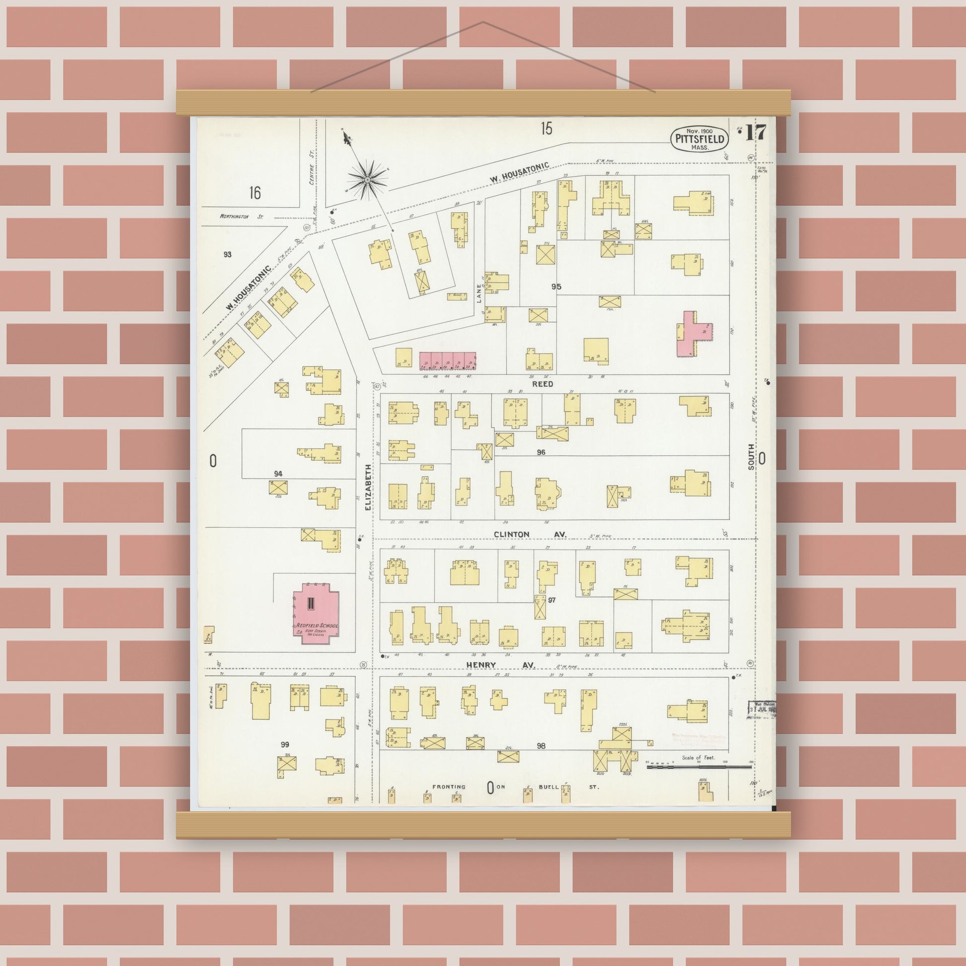 Old map wall art mockup — magnetic wood frame on brick wall — Sanborn Fire Insurance Map from Pittsfield, Berkshire County, Massachusetts (1900), Sheet #0017
