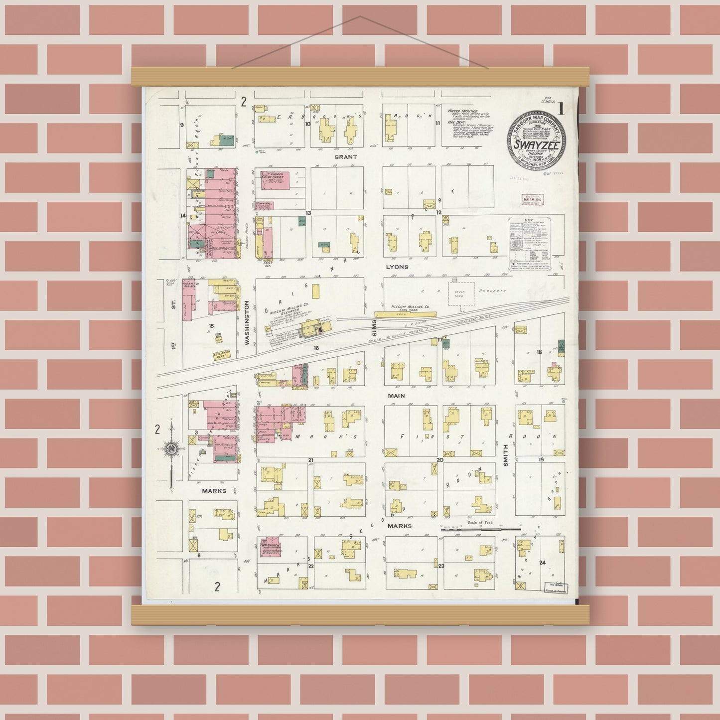 Old map wall art mockup — magnetic wood frame on brick wall — Sanborn Fire Insurance Map from Swayzee, Grant County, Indiana (1909), Sheet #0001