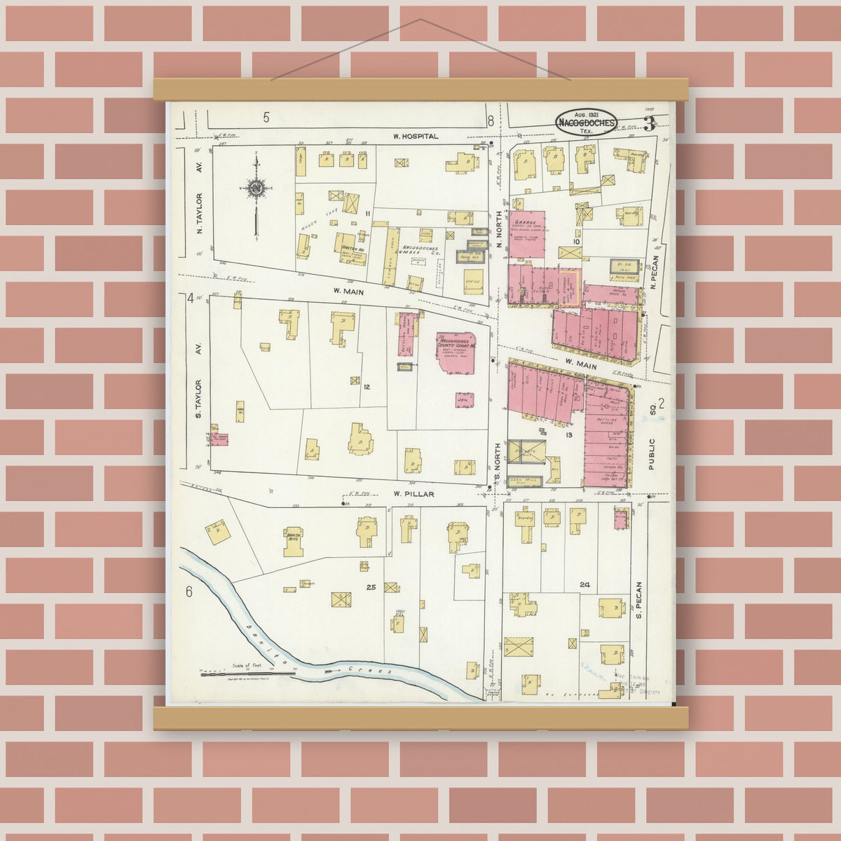 Old map wall art mockup — magnetic wood frame on brick wall — Sanborn Fire Insurance Map from Nacogdoches, Nacogdoches County, Texas (1921), Sheet #0003
