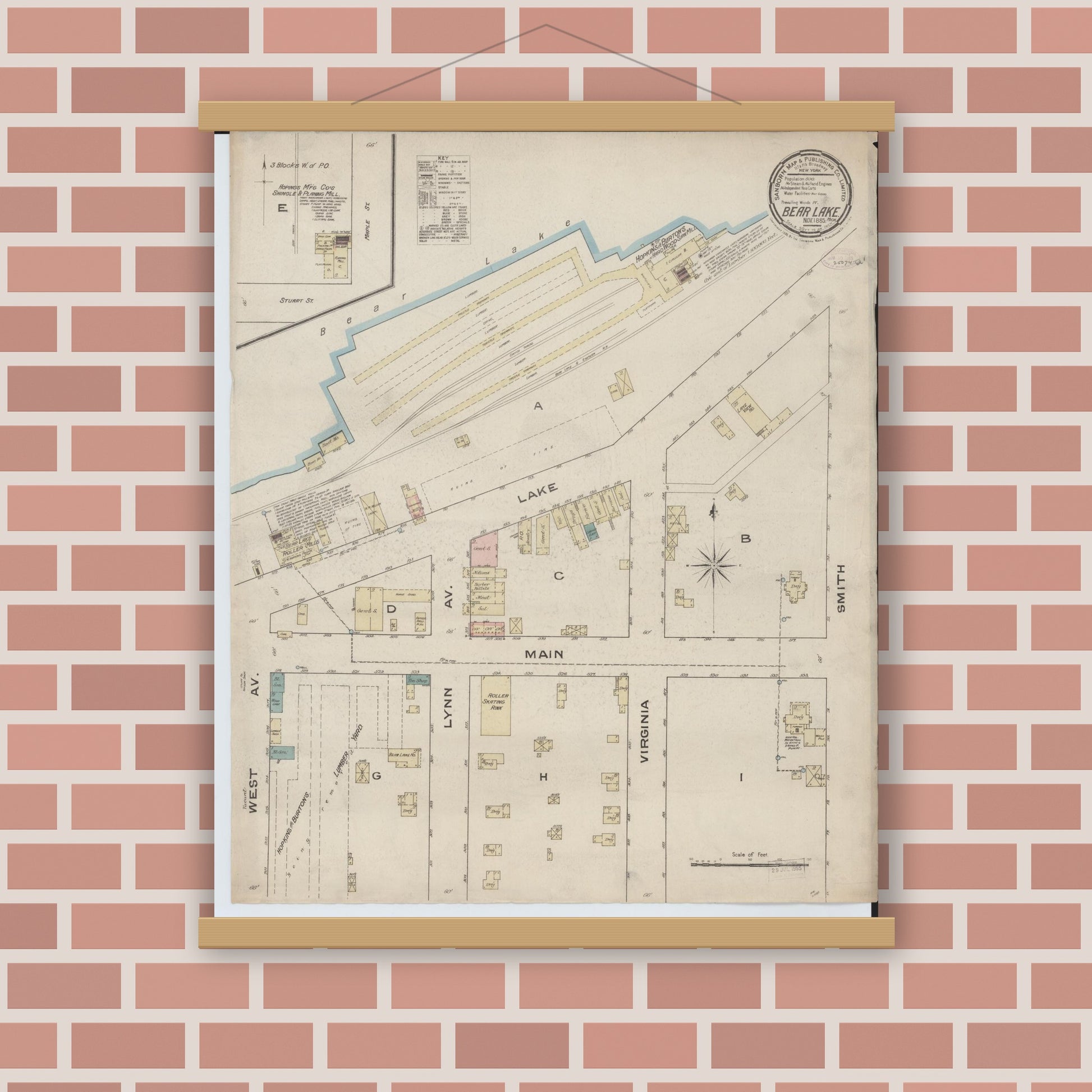 Old map wall art mockup — magnetic wood frame on brick wall — Sanborn Fire Insurance Map from Bear Lake, Manistee County, Michigan (1885), Sheet #0001
