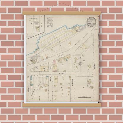 Old map wall art mockup — magnetic wood frame on brick wall — Sanborn Fire Insurance Map from Bear Lake, Manistee County, Michigan (1885), Sheet #0001