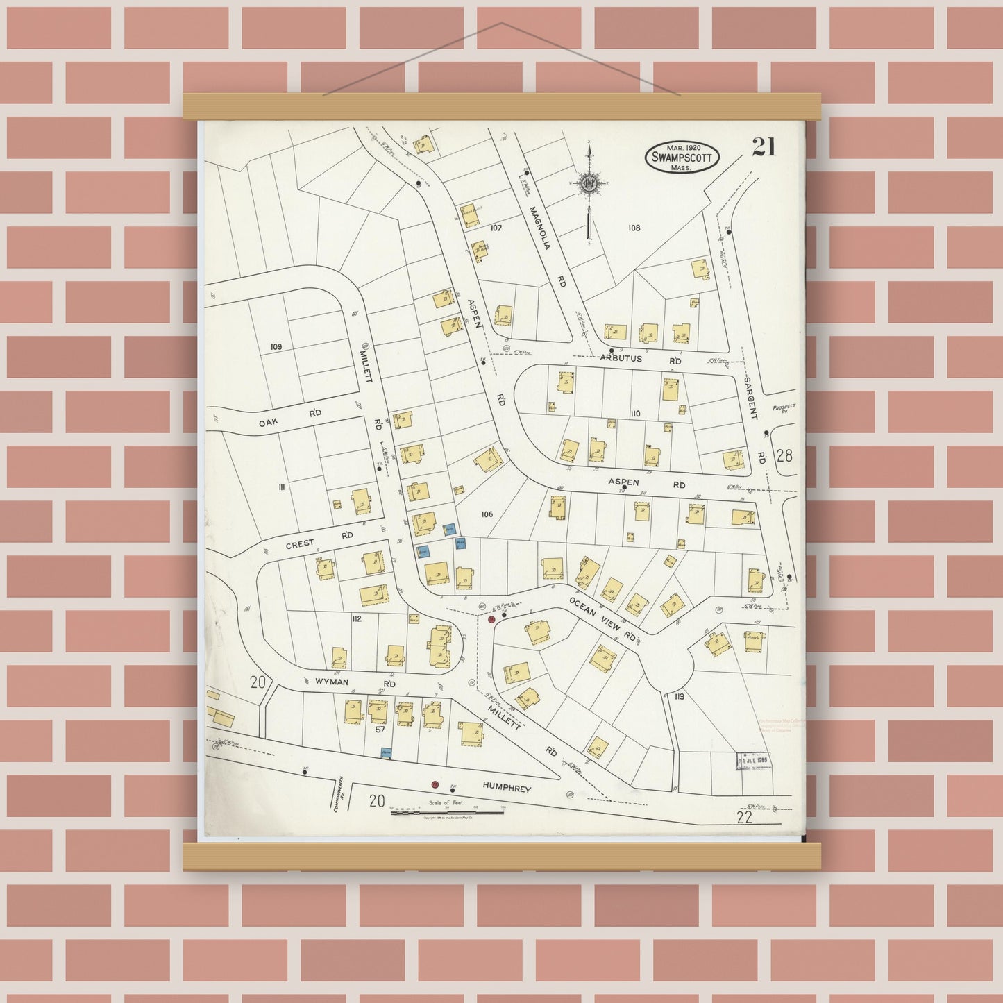 Old map wall art mockup — magnetic wood frame on brick wall — Sanborn Fire Insurance Map from Swampscott, Essex County, Massachusetts (1920), Sheet #0021