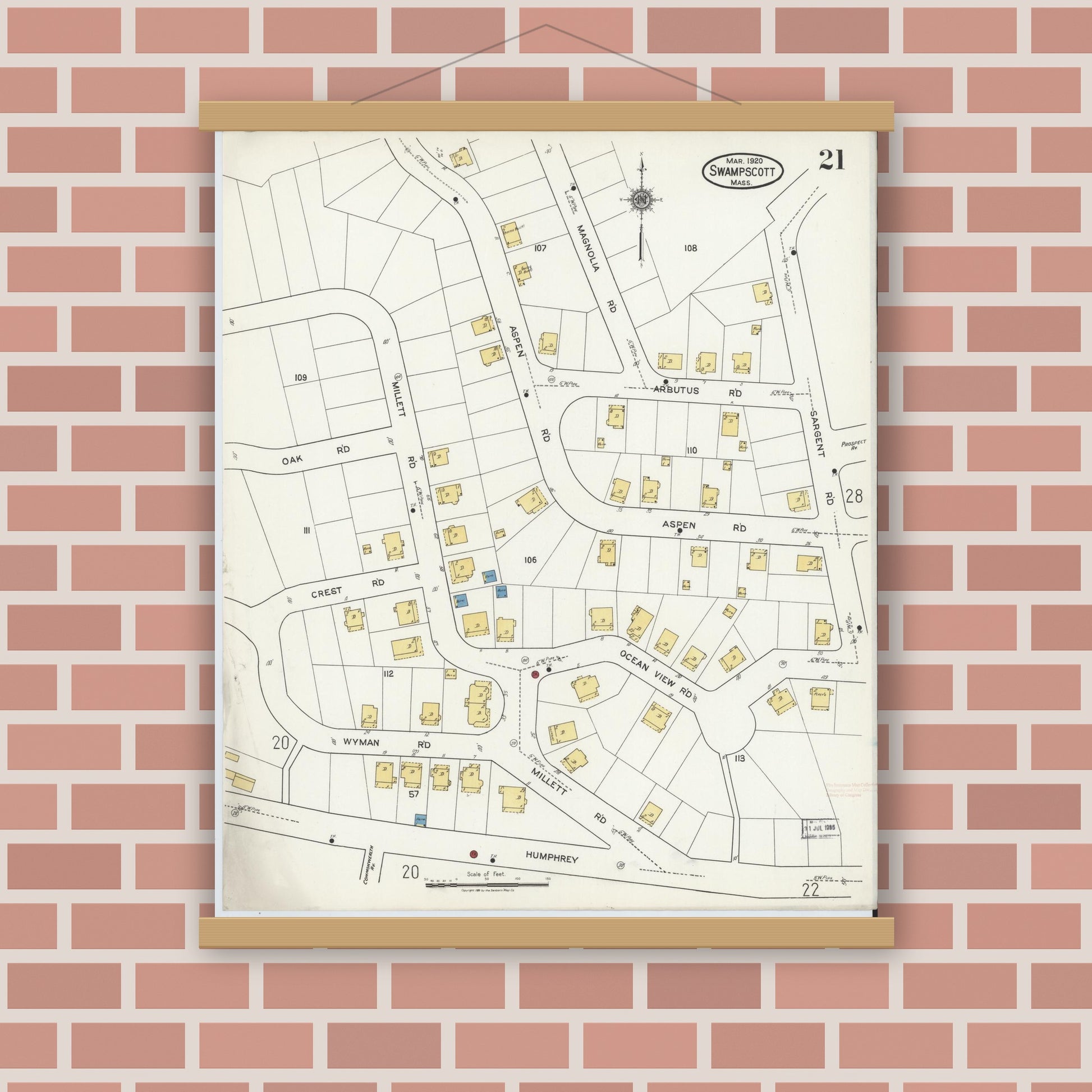 Old map wall art mockup — magnetic wood frame on brick wall — Sanborn Fire Insurance Map from Swampscott, Essex County, Massachusetts (1920), Sheet #0021