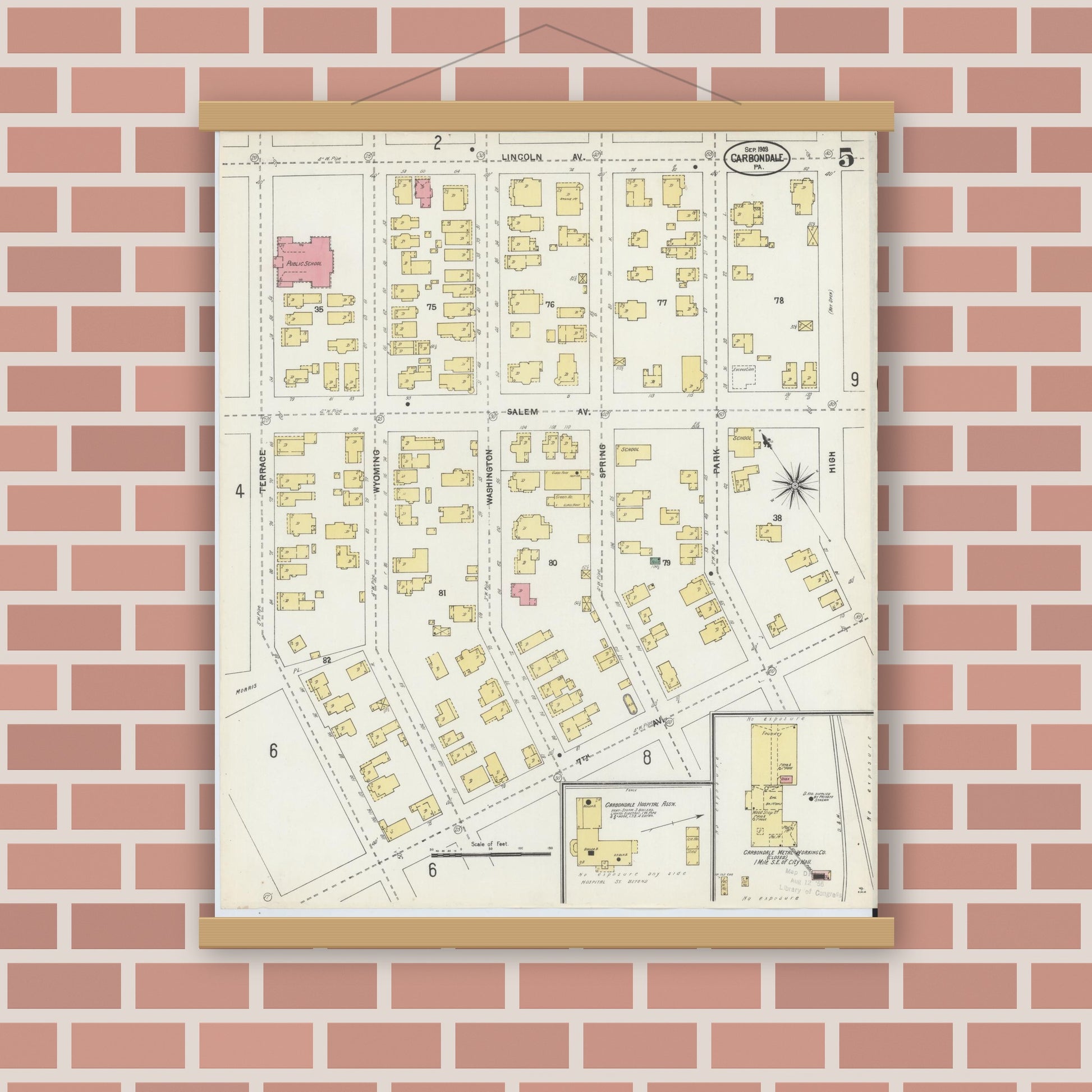 Old map wall art mockup — magnetic wood frame on brick wall — Sanborn Fire Insurance Map from Carbondale, Lackawanna County, Pennsylvania (1903), Sheet #0005