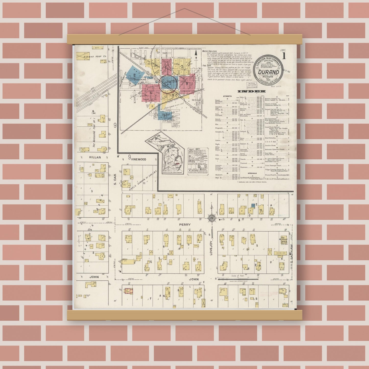 Old map wall art mockup — magnetic wood frame on brick wall — Sanborn Fire Insurance Map from Durand, Shiawassee County, Michigan (1922), Sheet #0001