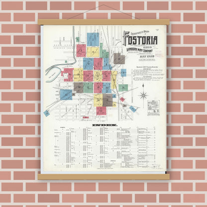 Old map wall art mockup — magnetic wood frame on brick wall — Sanborn Fire Insurance Map from Fostoria, Seneca, Hancock, And Wood Counties, Ohio (1908) - Complete Map Set