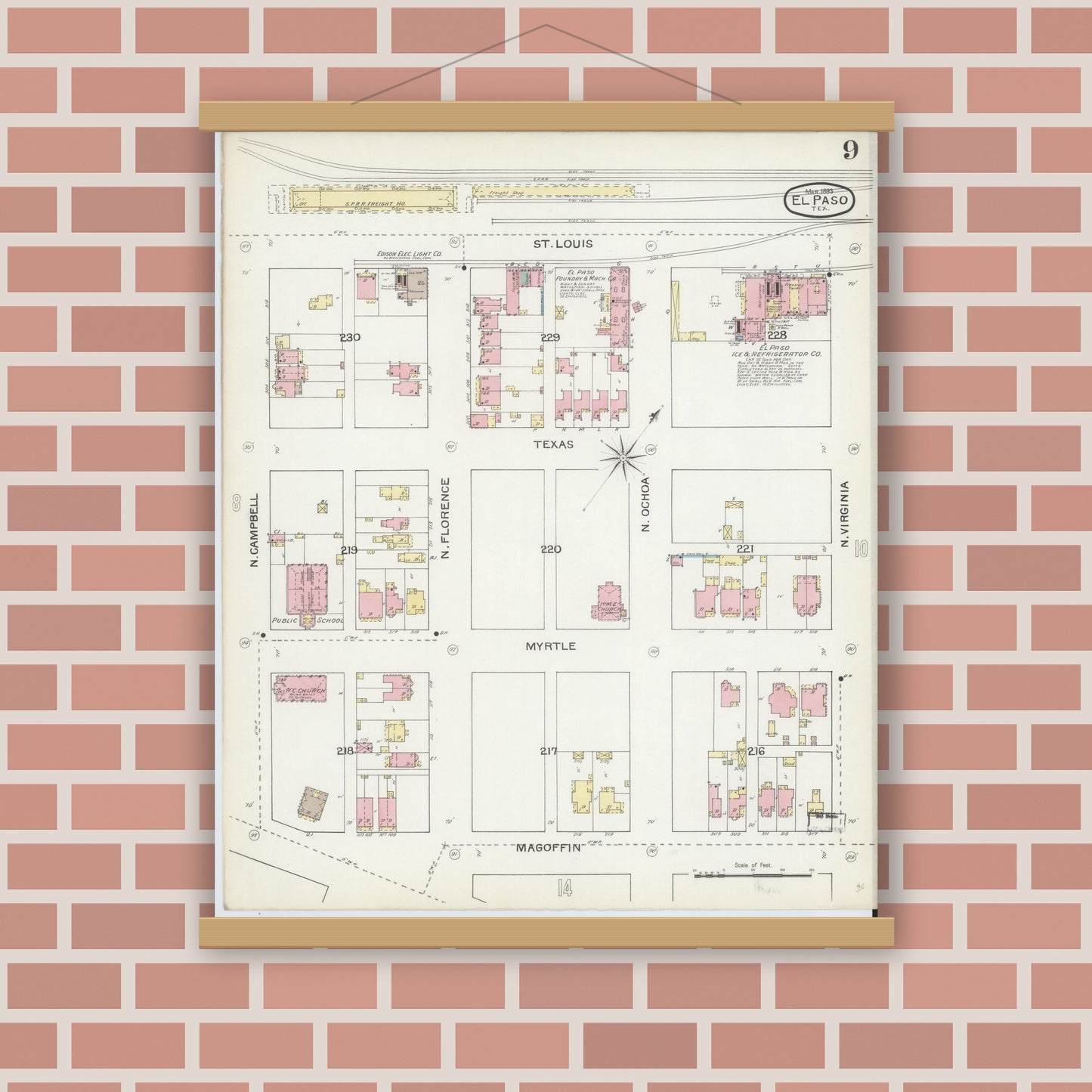 Old map wall art mockup — magnetic wood frame on brick wall — Sanborn Fire Insurance Map from El Paso, El Paso County, Texas (1893), Sheet #0009