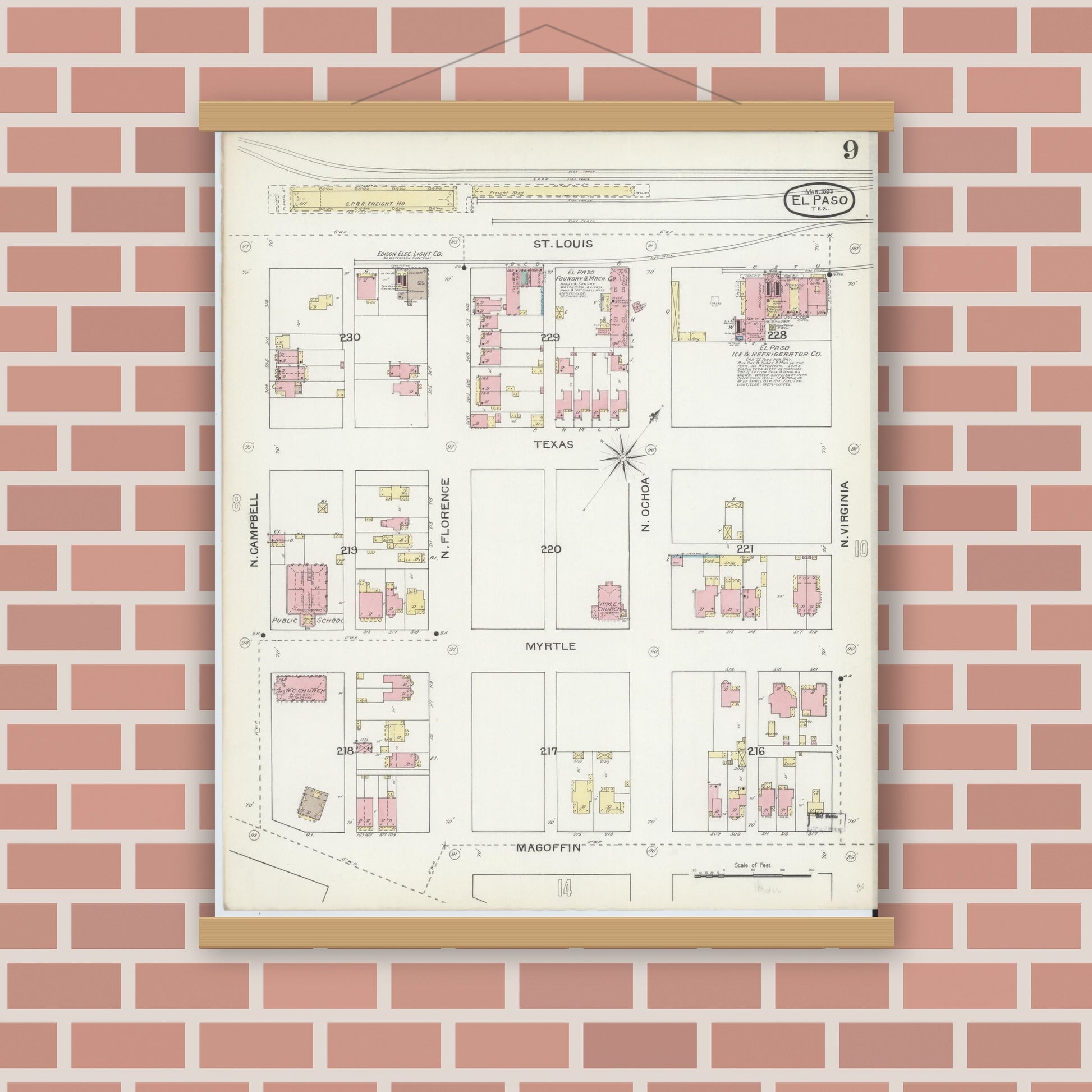Old map wall art mockup — magnetic wood frame on brick wall — Sanborn Fire Insurance Map from El Paso, El Paso County, Texas (1893), Sheet #0009