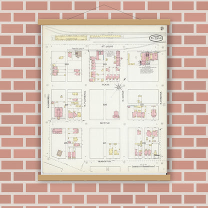 Old map wall art mockup — magnetic wood frame on brick wall — Sanborn Fire Insurance Map from El Paso, El Paso County, Texas (1893), Sheet #0009