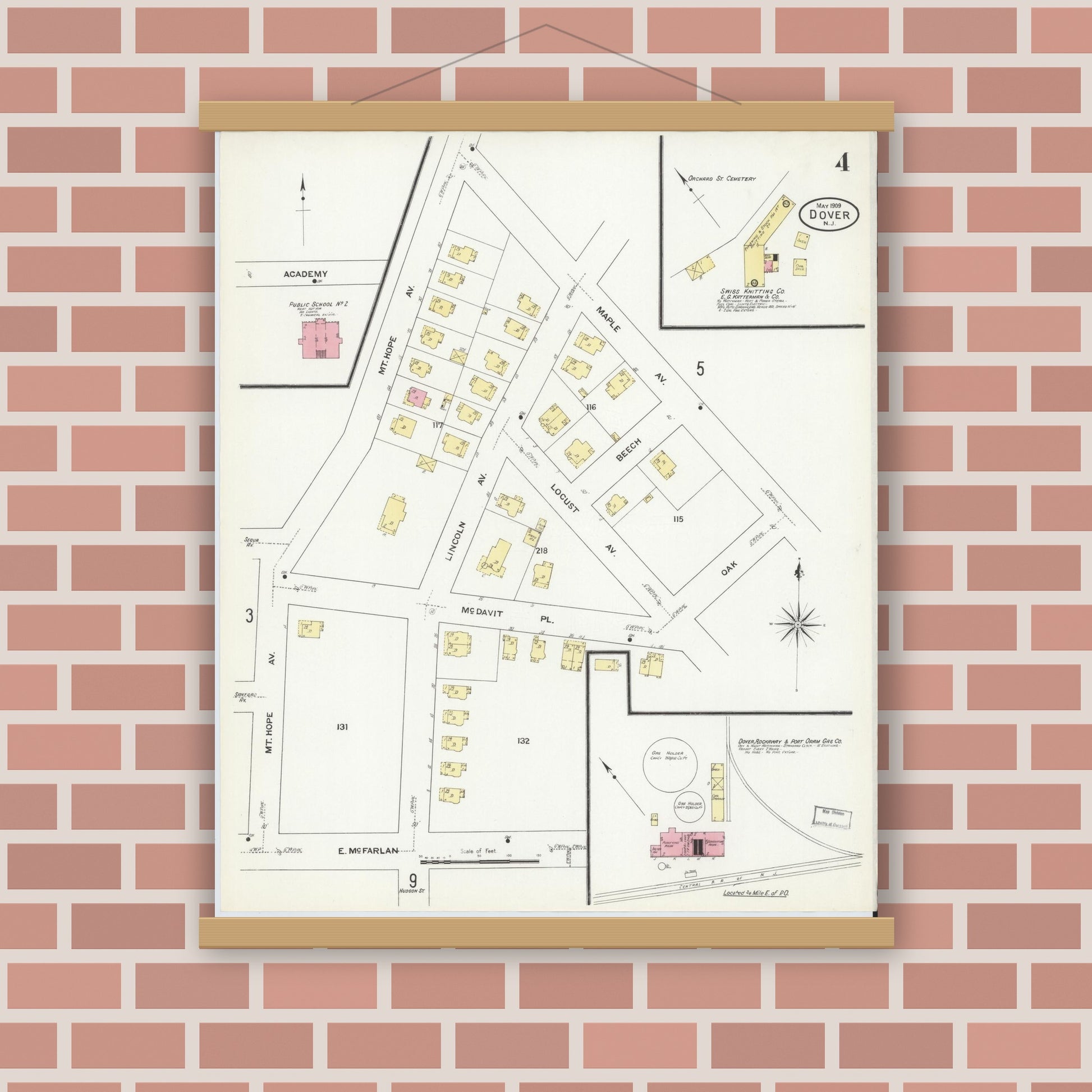 Old map wall art mockup — magnetic wood frame on brick wall — Sanborn Fire Insurance Map from Dover, Morris County, New Jersey (1909), Sheet #0004