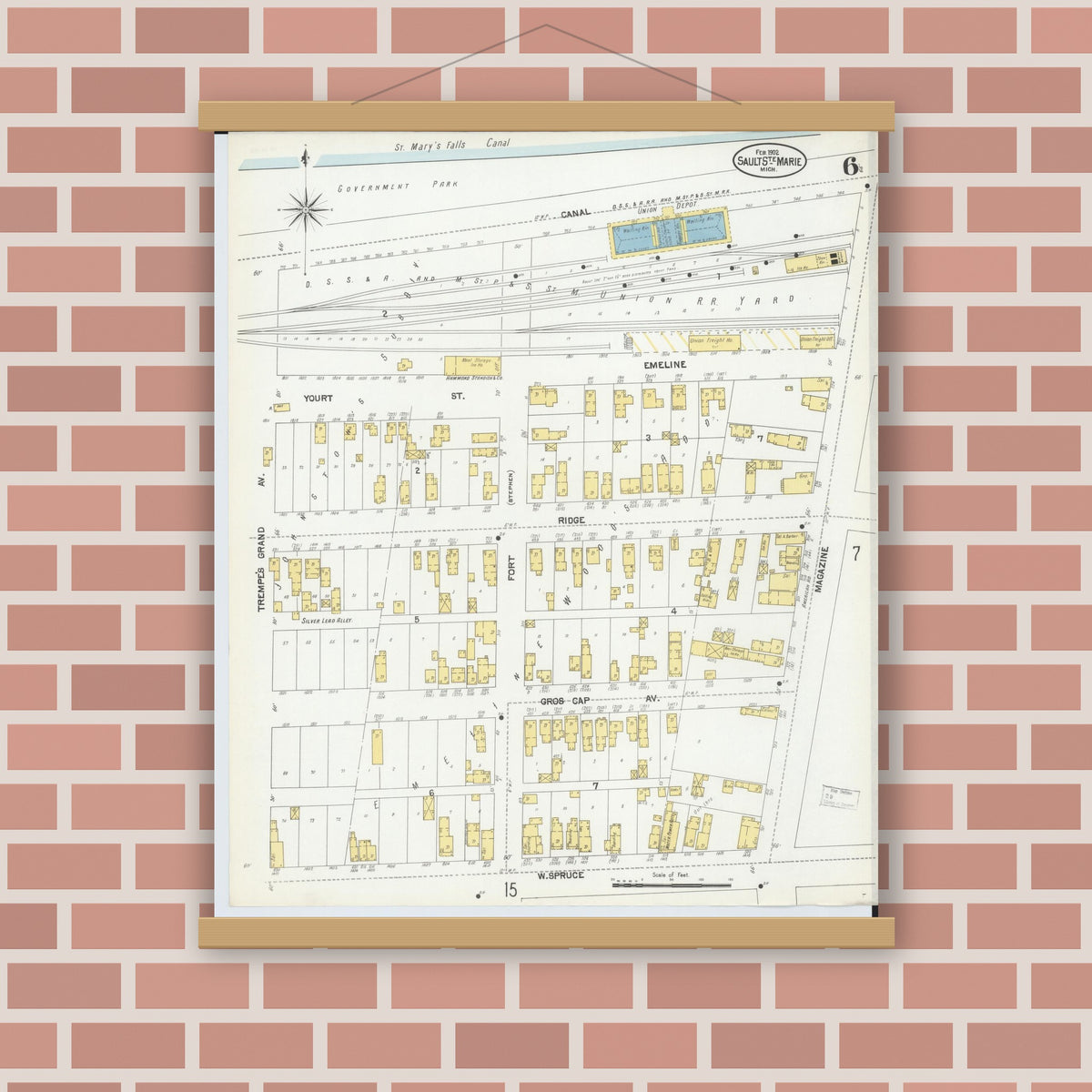 Old map wall art mockup — magnetic wood frame on brick wall — Sanborn Fire Insurance Map from Sault Sainte Marie, Chippewa County, Michigan (1902), Sheet #0006