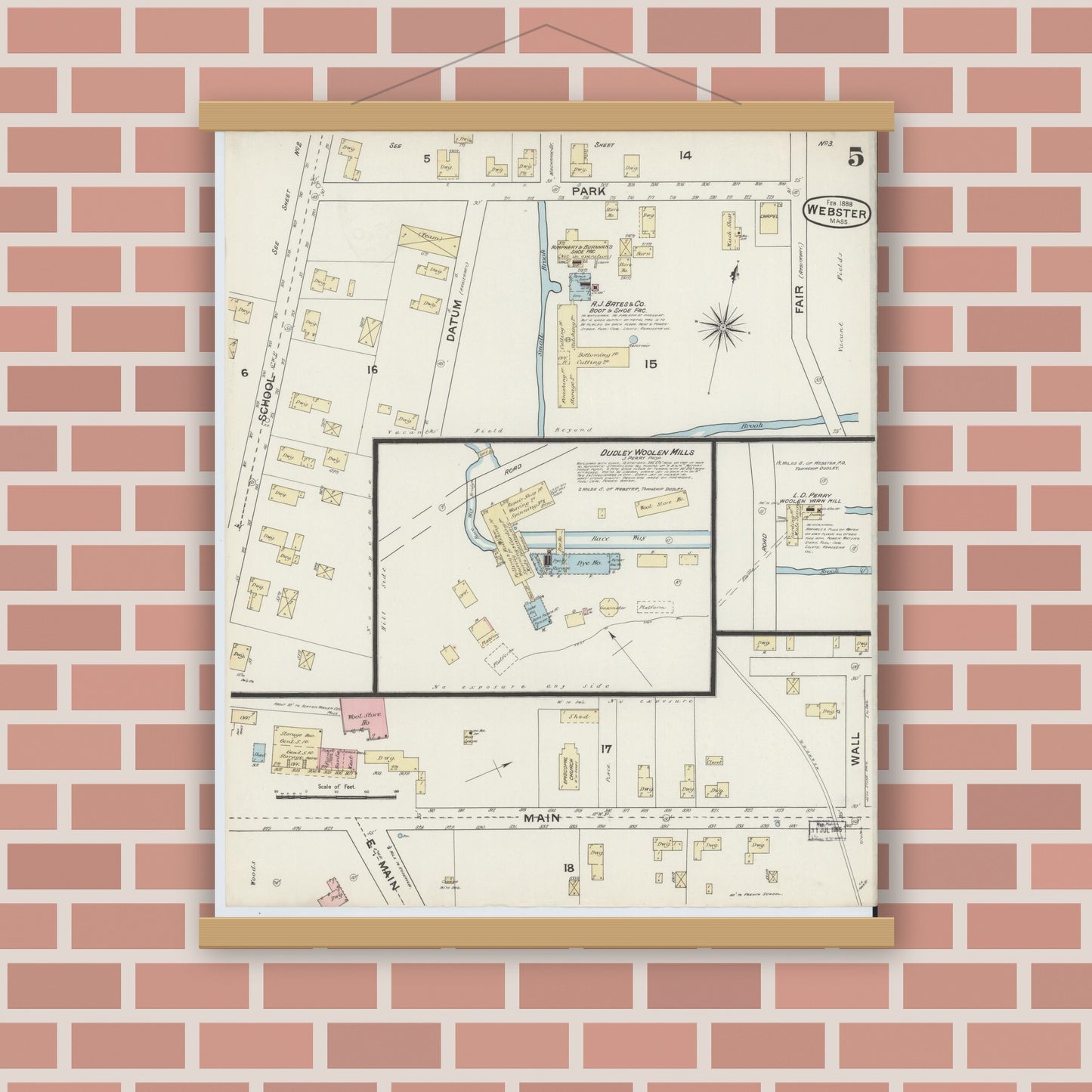 Old map wall art mockup — magnetic wood frame on brick wall — Sanborn Fire Insurance Map from Webster, Worcester County, Massachusetts (1888), Sheet #0005