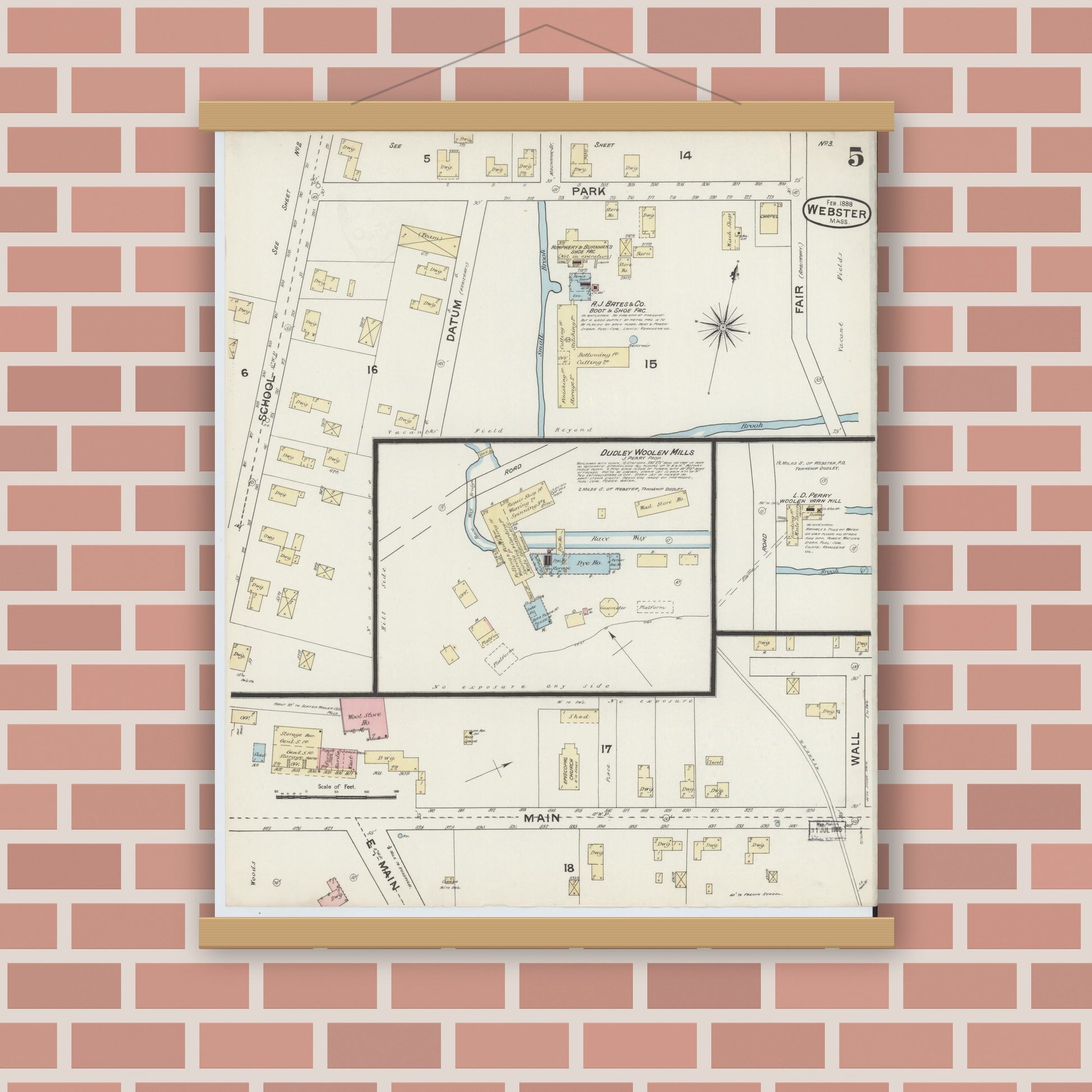 Old map wall art mockup — magnetic wood frame on brick wall — Sanborn Fire Insurance Map from Webster, Worcester County, Massachusetts (1888), Sheet #0005