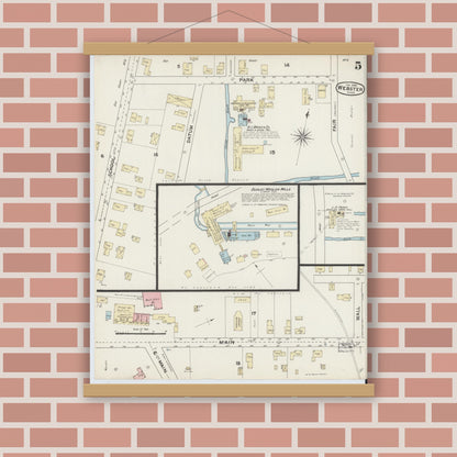 Old map wall art mockup — magnetic wood frame on brick wall — Sanborn Fire Insurance Map from Webster, Worcester County, Massachusetts (1888), Sheet #0005