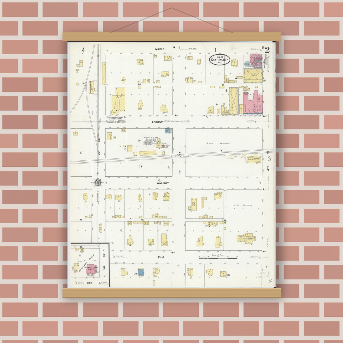 Old map wall art mockup — magnetic wood frame on brick wall — Sanborn Fire Insurance Map from Chatsworth, Livingston County, Illinois (1911), Sheet #0002