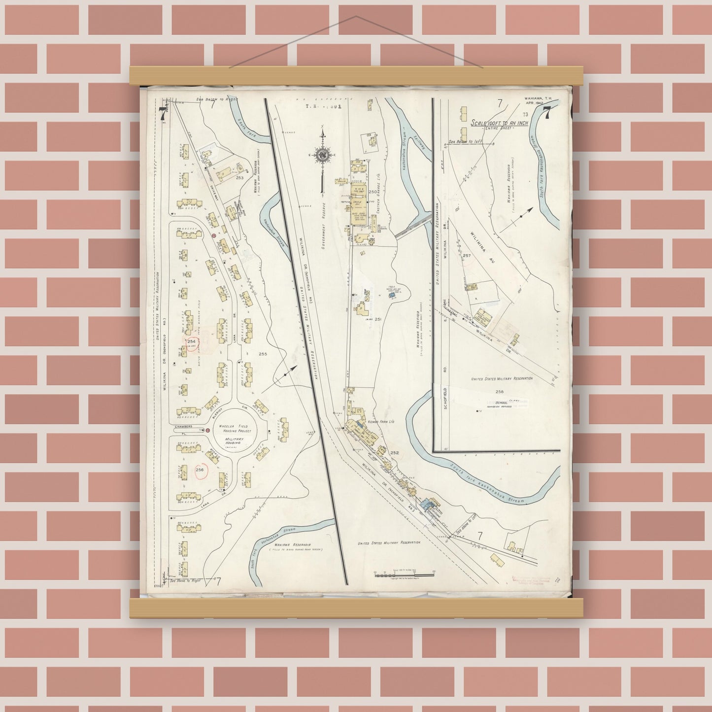 Old map wall art mockup — magnetic wood frame on brick wall — Sanborn Fire Insurance Map from Wahiawa, Honolulu County, Hawaii (1957), Sheet #0007