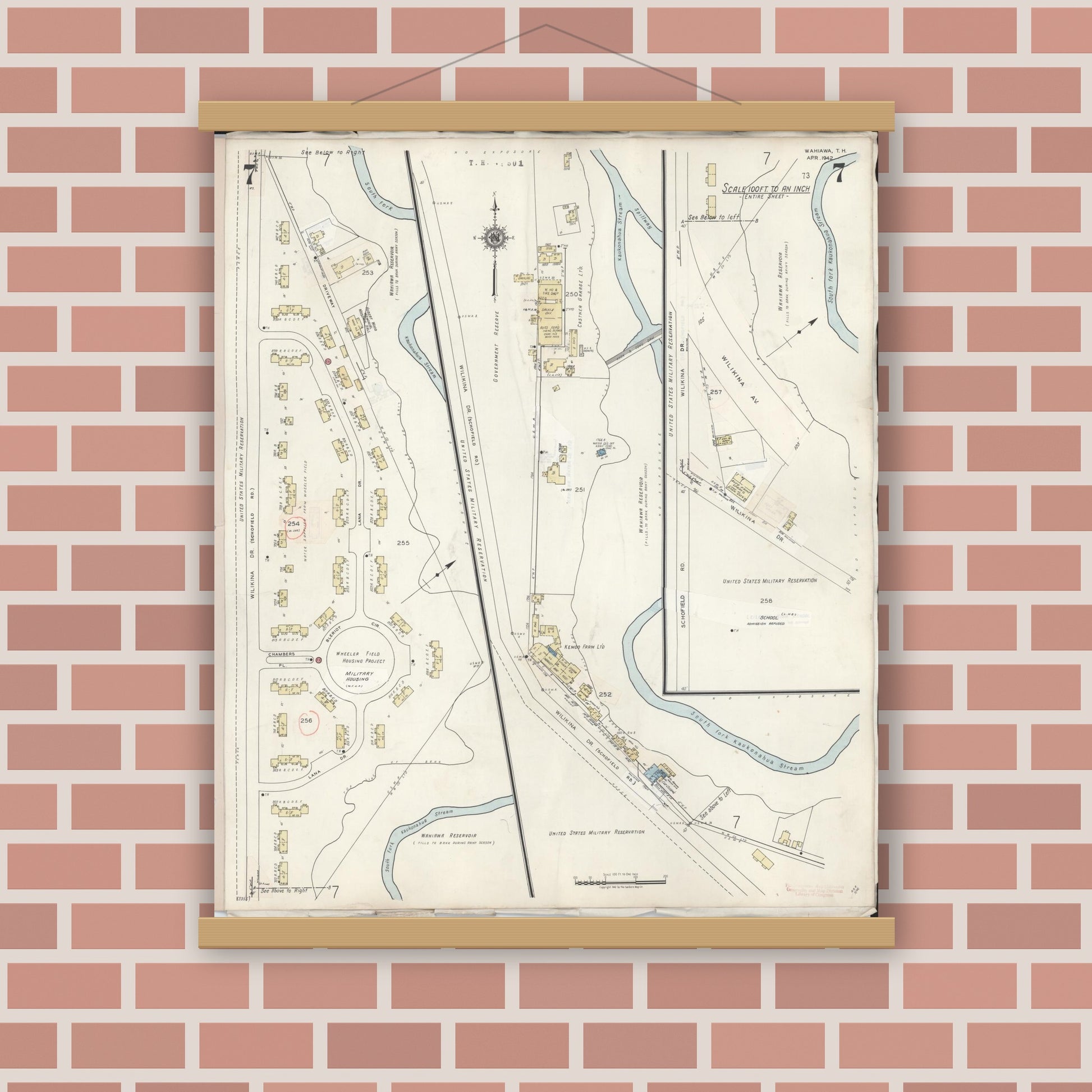 Old map wall art mockup — magnetic wood frame on brick wall — Sanborn Fire Insurance Map from Wahiawa, Honolulu County, Hawaii (1957), Sheet #0007