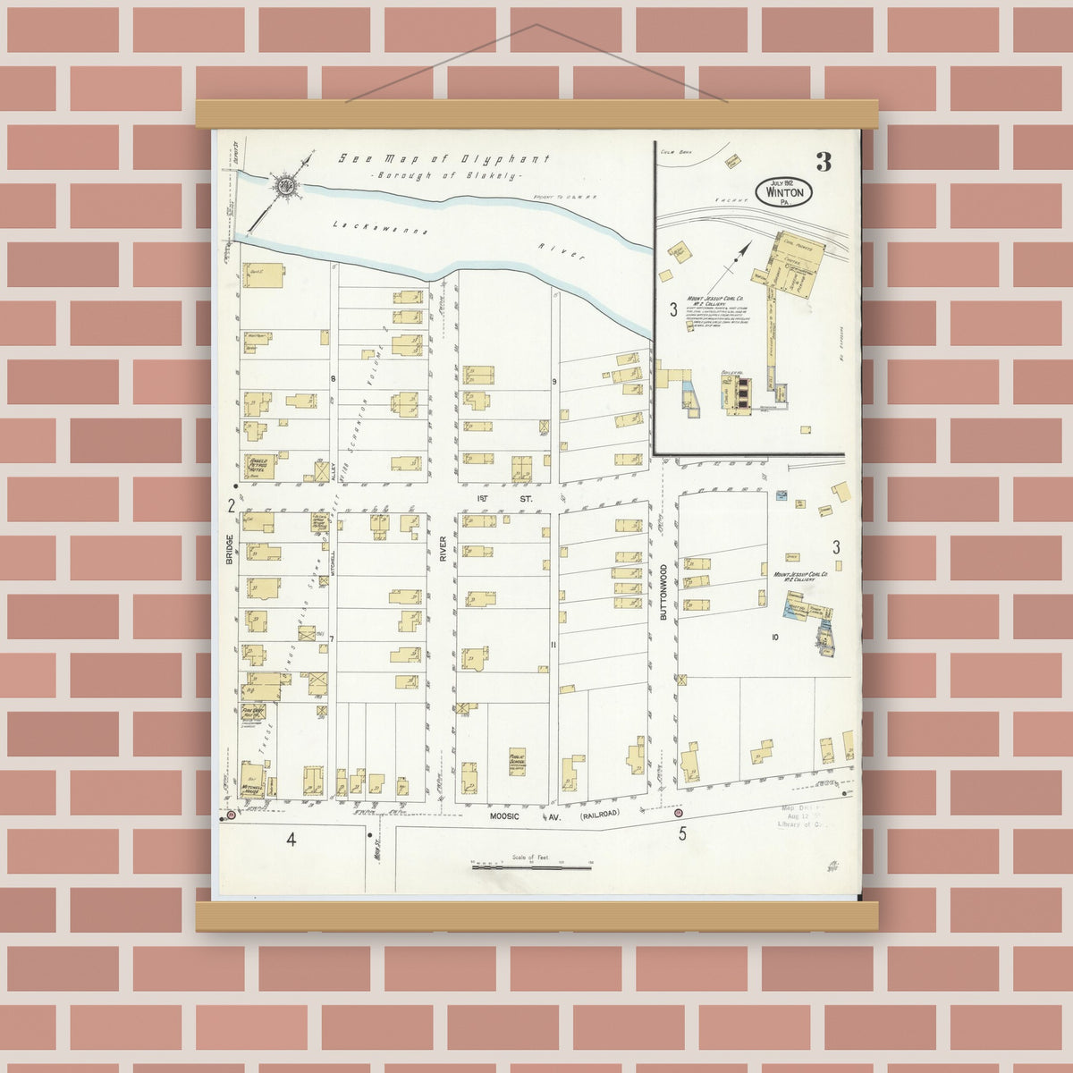 Old map wall art mockup — magnetic wood frame on brick wall — Sanborn Fire Insurance Map from Winton, Lackawanna County, Pennsylvania (1912), Sheet #0003