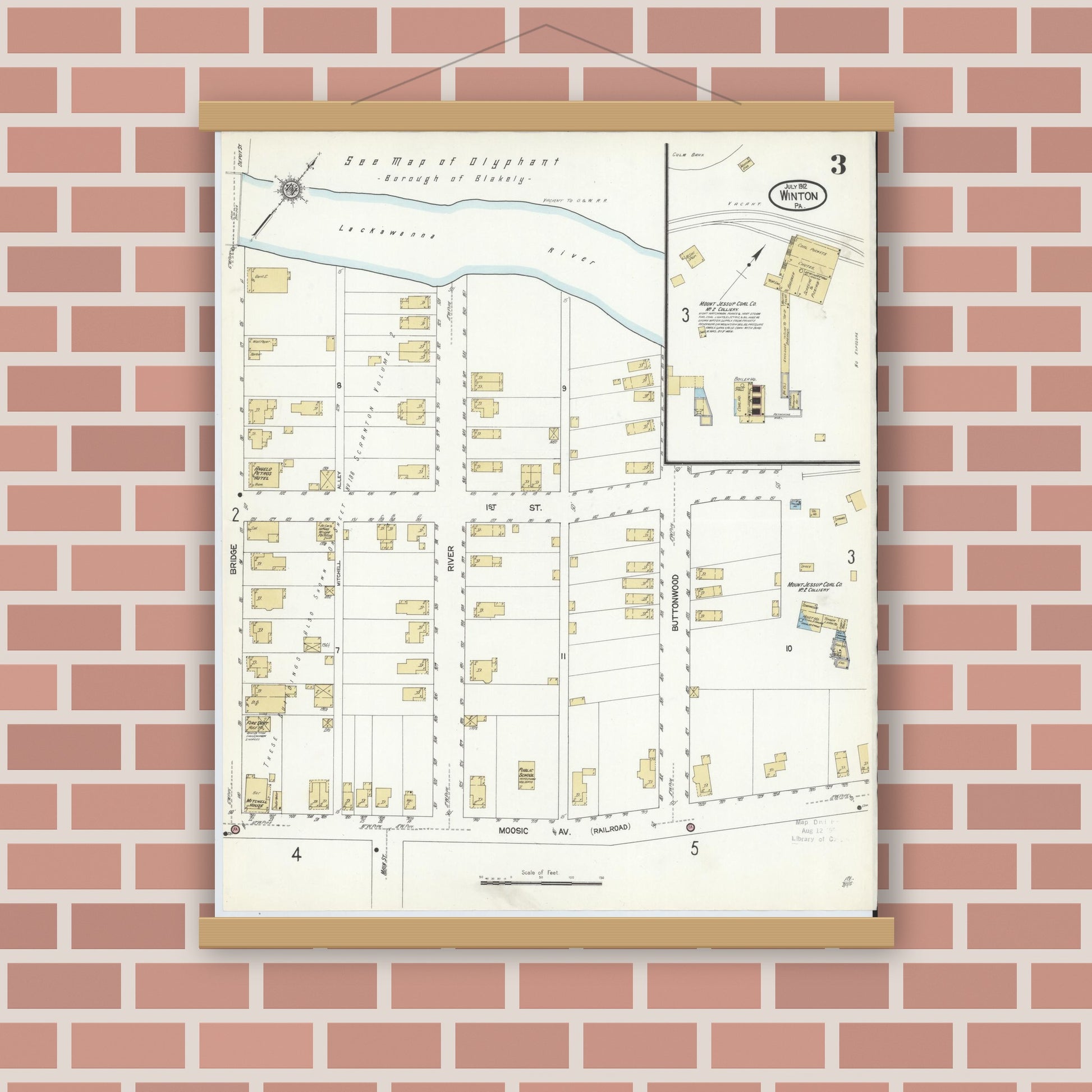 Old map wall art mockup — magnetic wood frame on brick wall — Sanborn Fire Insurance Map from Winton, Lackawanna County, Pennsylvania (1912), Sheet #0003