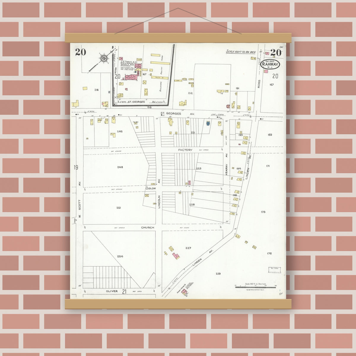 Old map wall art mockup — magnetic wood frame on brick wall — Sanborn Fire Insurance Map from Rahway, Union County, New Jersey (1923), Sheet #0020