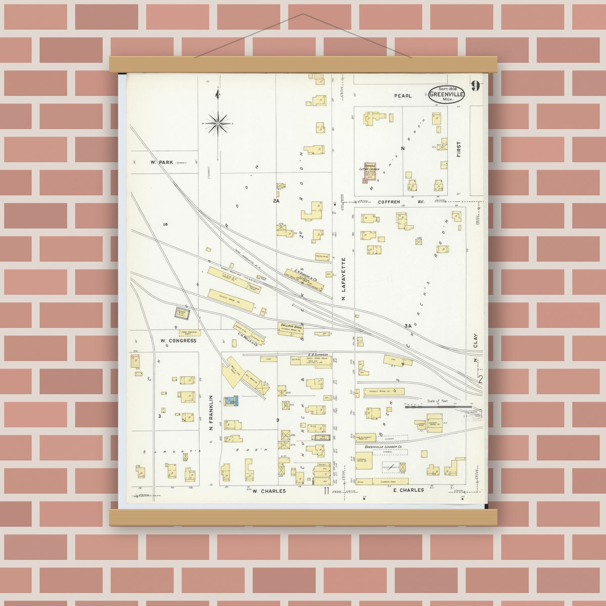 Old map wall art mockup — magnetic wood frame on brick wall — Sanborn Fire Insurance Map from Greenville, Montcalm County, Michigan (1908), Sheet #0009
