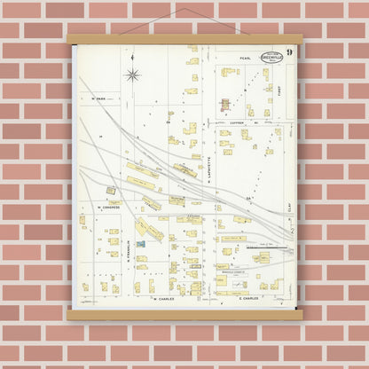 Old map wall art mockup — magnetic wood frame on brick wall — Sanborn Fire Insurance Map from Greenville, Montcalm County, Michigan (1908), Sheet #0009