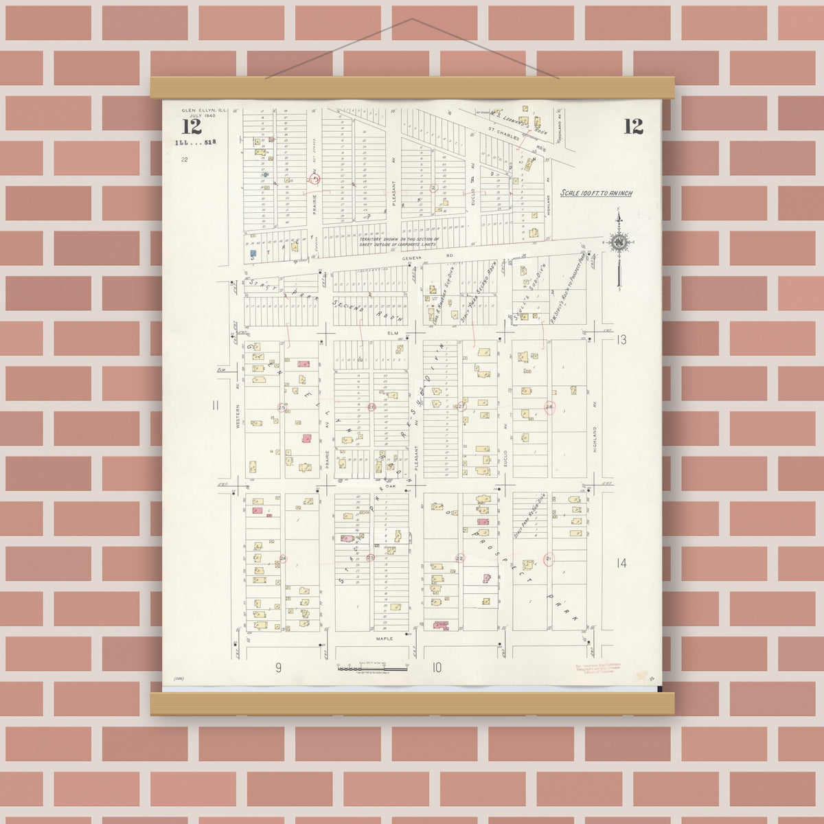 Old map wall art mockup — magnetic wood frame on brick wall — Sanborn Fire Insurance Map from Glen Ellyn, Du Page County, Illinois (1946), Sheet #0012