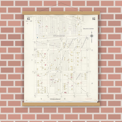 Old map wall art mockup — magnetic wood frame on brick wall — Sanborn Fire Insurance Map from Glen Ellyn, Du Page County, Illinois (1946), Sheet #0012