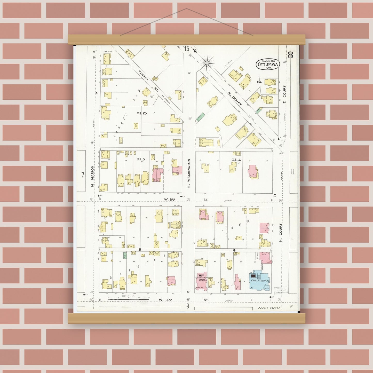 Old map wall art mockup — magnetic wood frame on brick wall — Sanborn Fire Insurance Map from Ottumwa, Wapello County, Iowa (1897), Sheet #0008