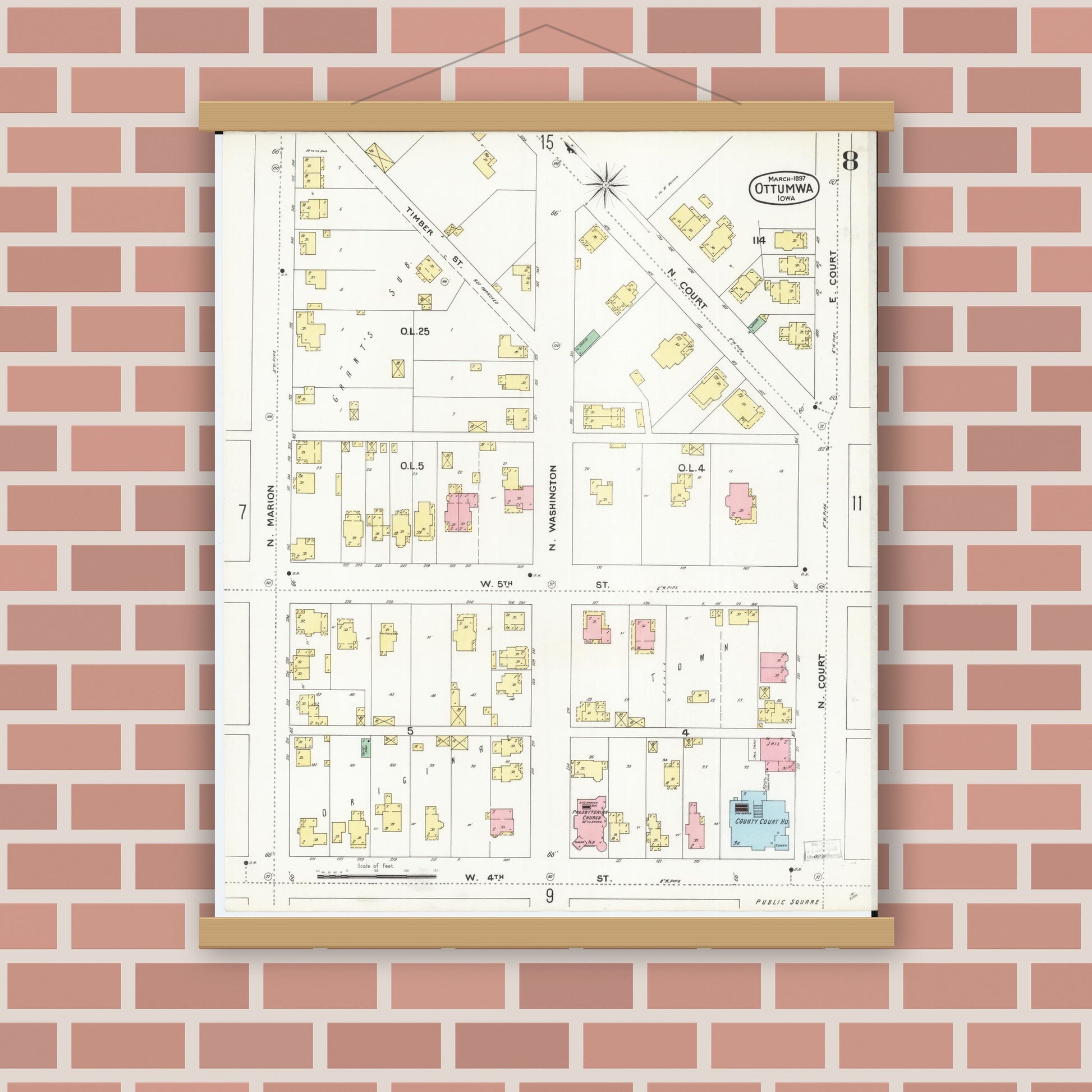 Old map wall art mockup — magnetic wood frame on brick wall — Sanborn Fire Insurance Map from Ottumwa, Wapello County, Iowa (1897), Sheet #0008