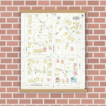 Old map wall art mockup — magnetic wood frame on brick wall — Sanborn Fire Insurance Map from Ottumwa, Wapello County, Iowa (1897), Sheet #0008