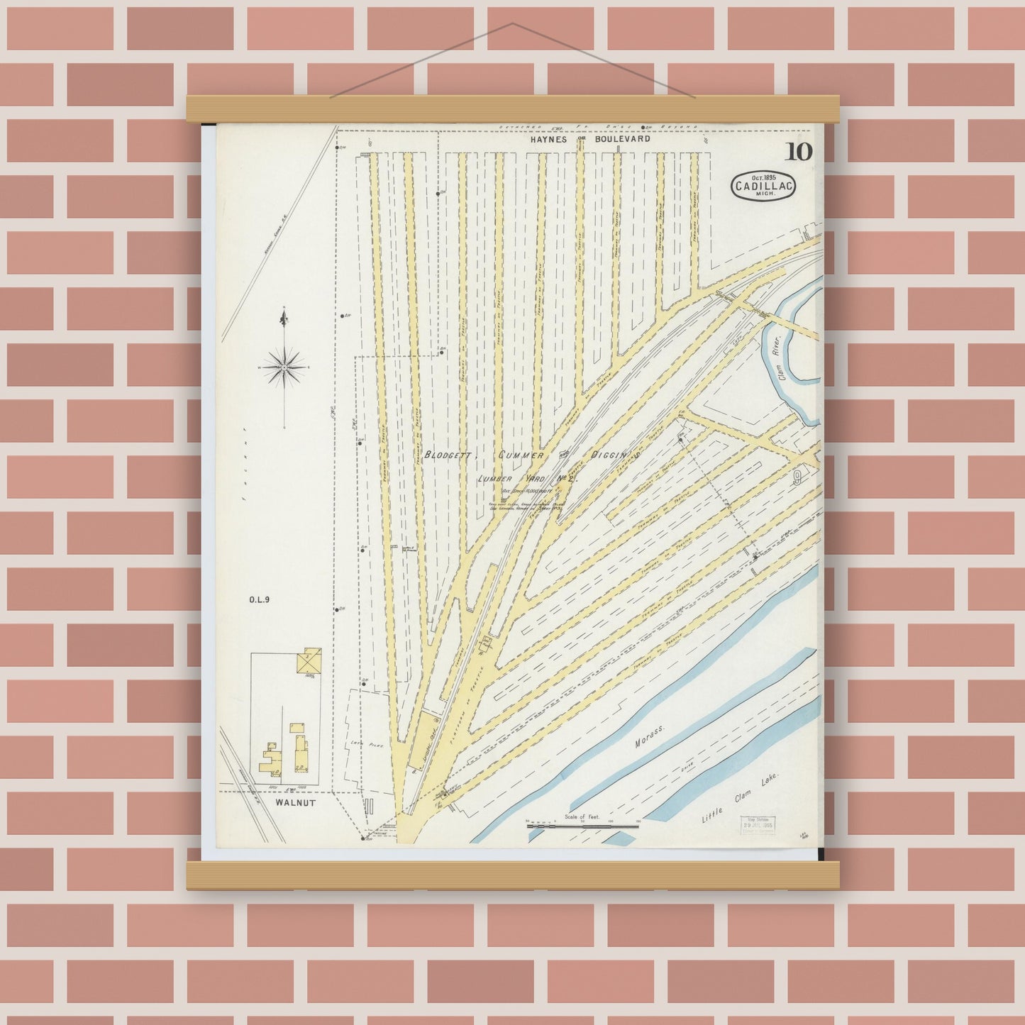 Old map wall art mockup — magnetic wood frame on brick wall — Sanborn Fire Insurance Map from Cadillac, Wexford County, Michigan (1895), Sheet #0010