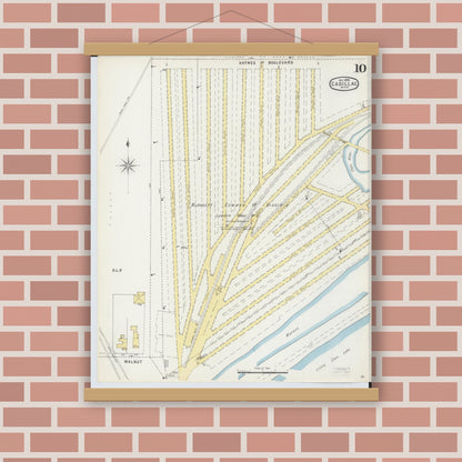 Old map wall art mockup — magnetic wood frame on brick wall — Sanborn Fire Insurance Map from Cadillac, Wexford County, Michigan (1895), Sheet #0010